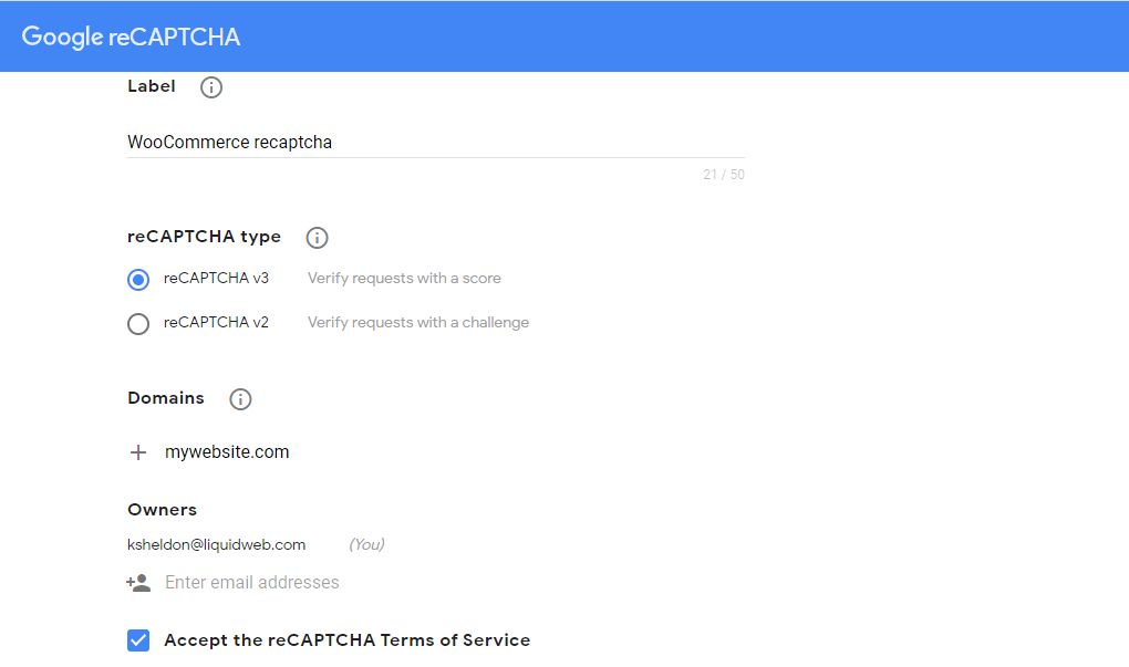 Log in to your Gmail account and open the Google reCAPTCHA admin console. Choose the version of Google reCAPTCHA and the challenge you would like to use, provide the domain name of your WooCommerce store, and accept the terms of service. Click on the Submit button once all fields of the form have been filled.