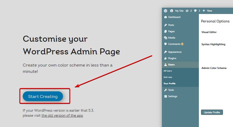 Click Start Creating on the WordPress Admin Colors website