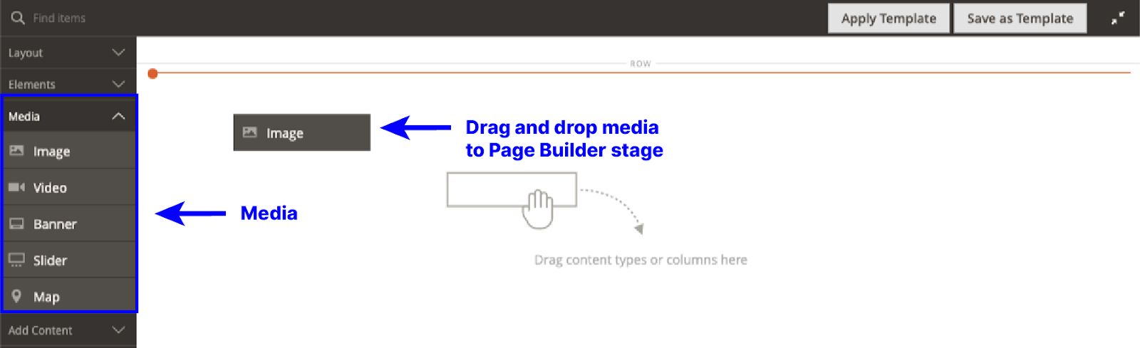 Drag and drop media components to the Page Builder staging area