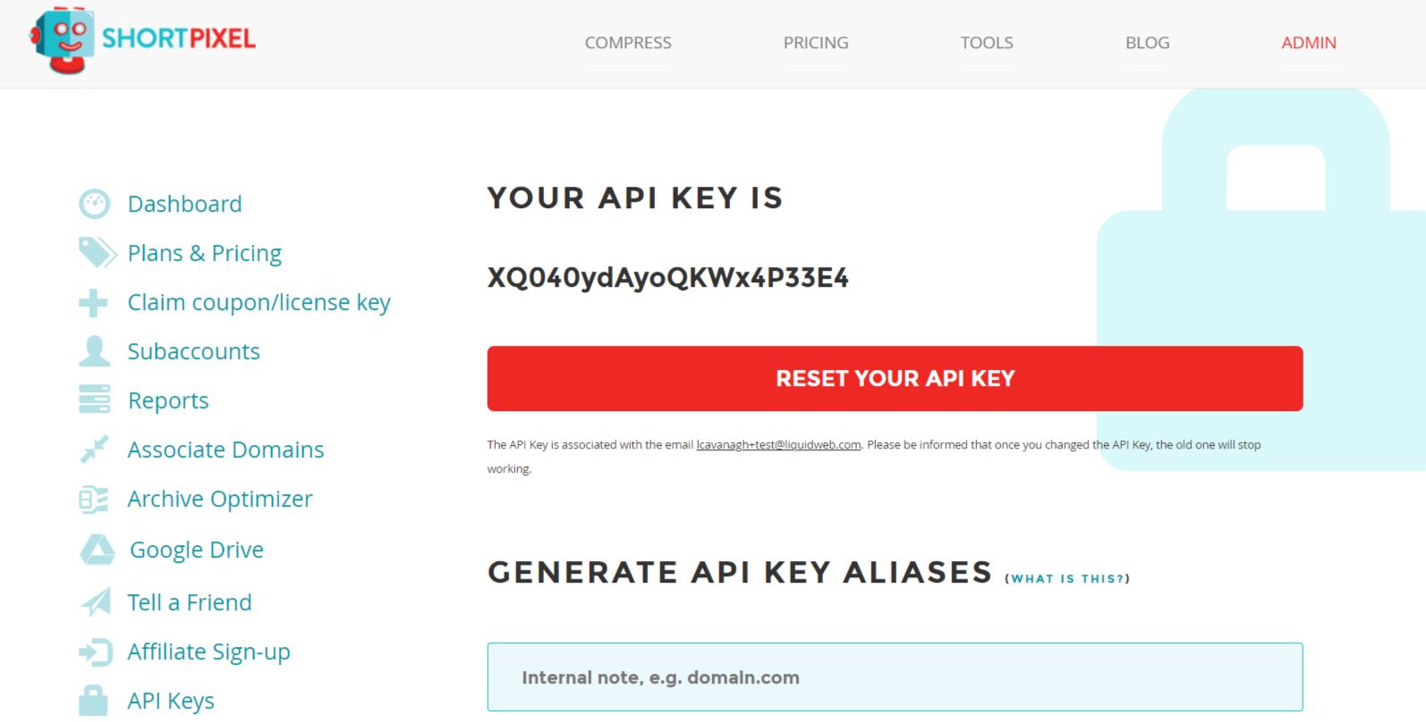 To find your API key you will need to login into your ShortPixel account and then go to the dashboard in the API keys section. 