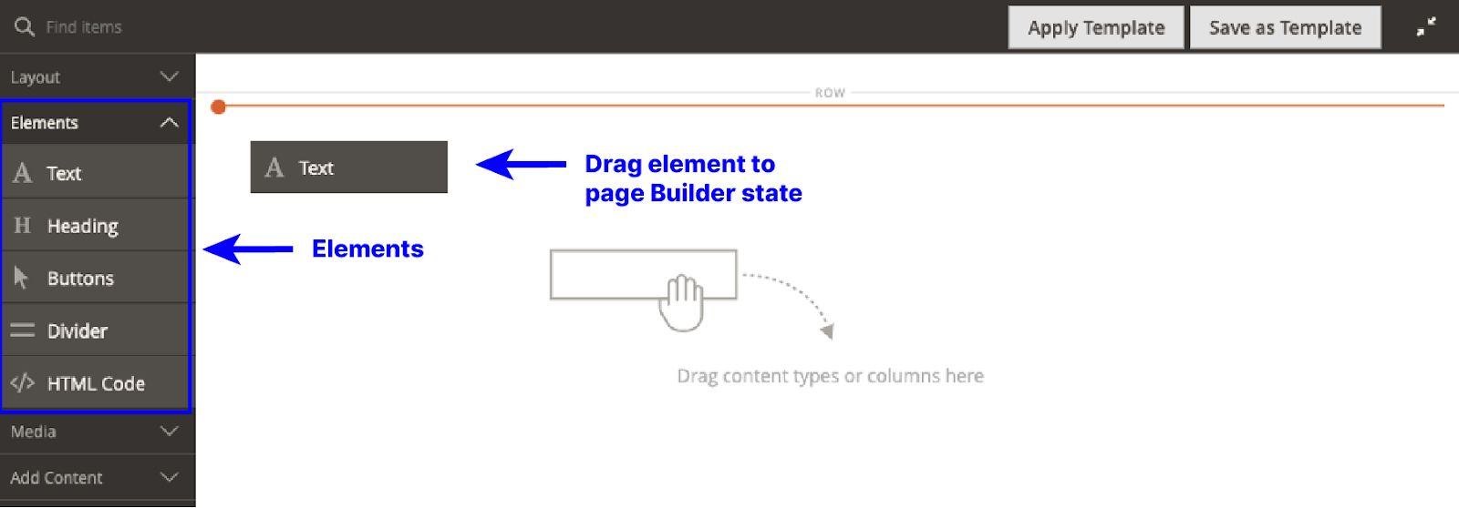 Dragging and dropping elements to the Page Builder stage.