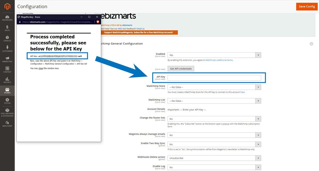 Copy the Mailchimp API key to Magento.