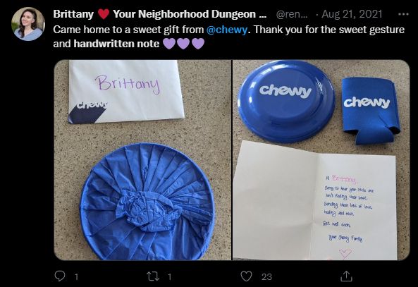 Surprise and delight campaign: A customer thanks pet retailer Chewy after receiving a handwritten note.