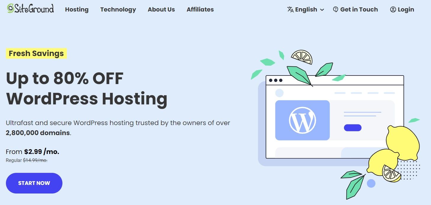 SiteGround WordPress hosting page.