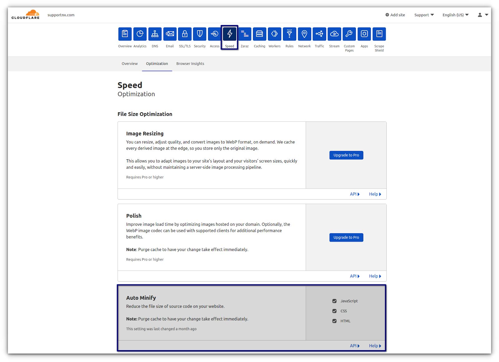 To enable Auto Minify, go to Speed > Optimization > Auto Minify > Choose the auto-minify options you want to enable by checking the boxes to the left