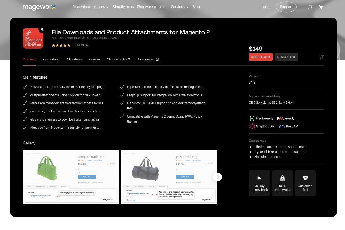 Mageworx’s Magento product attachments extension is best for headless ecommerce websites.