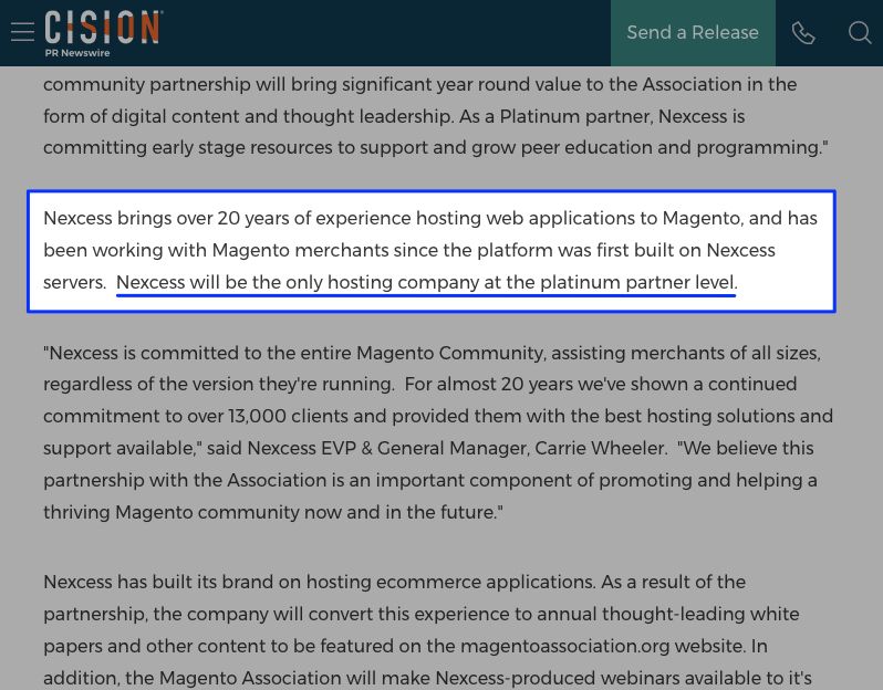 A press release highlighting over 20 years of Magento’s history with Nexcess.