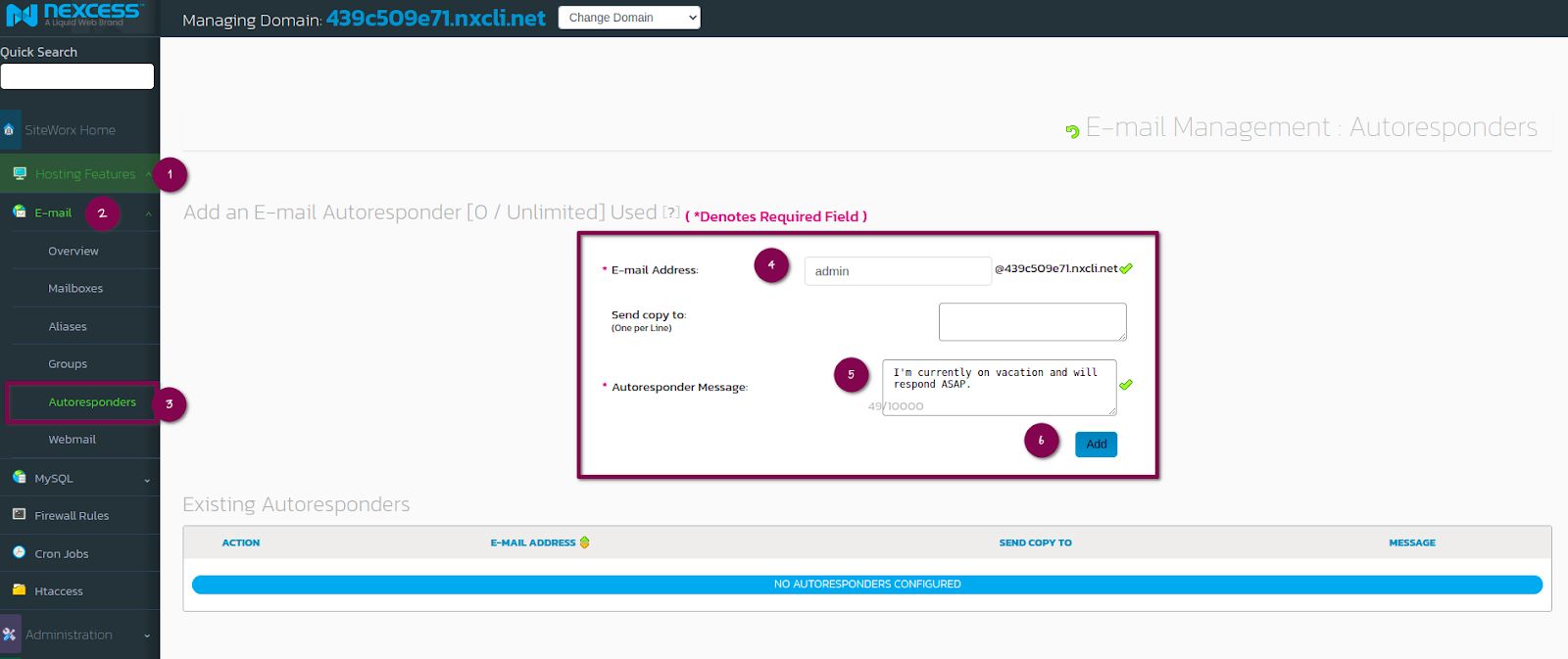 Managing and creating email autoresponders can be done with SiteWorx: From the SiteWorx main menu, click Hosting Features > Email > Autoresponders.