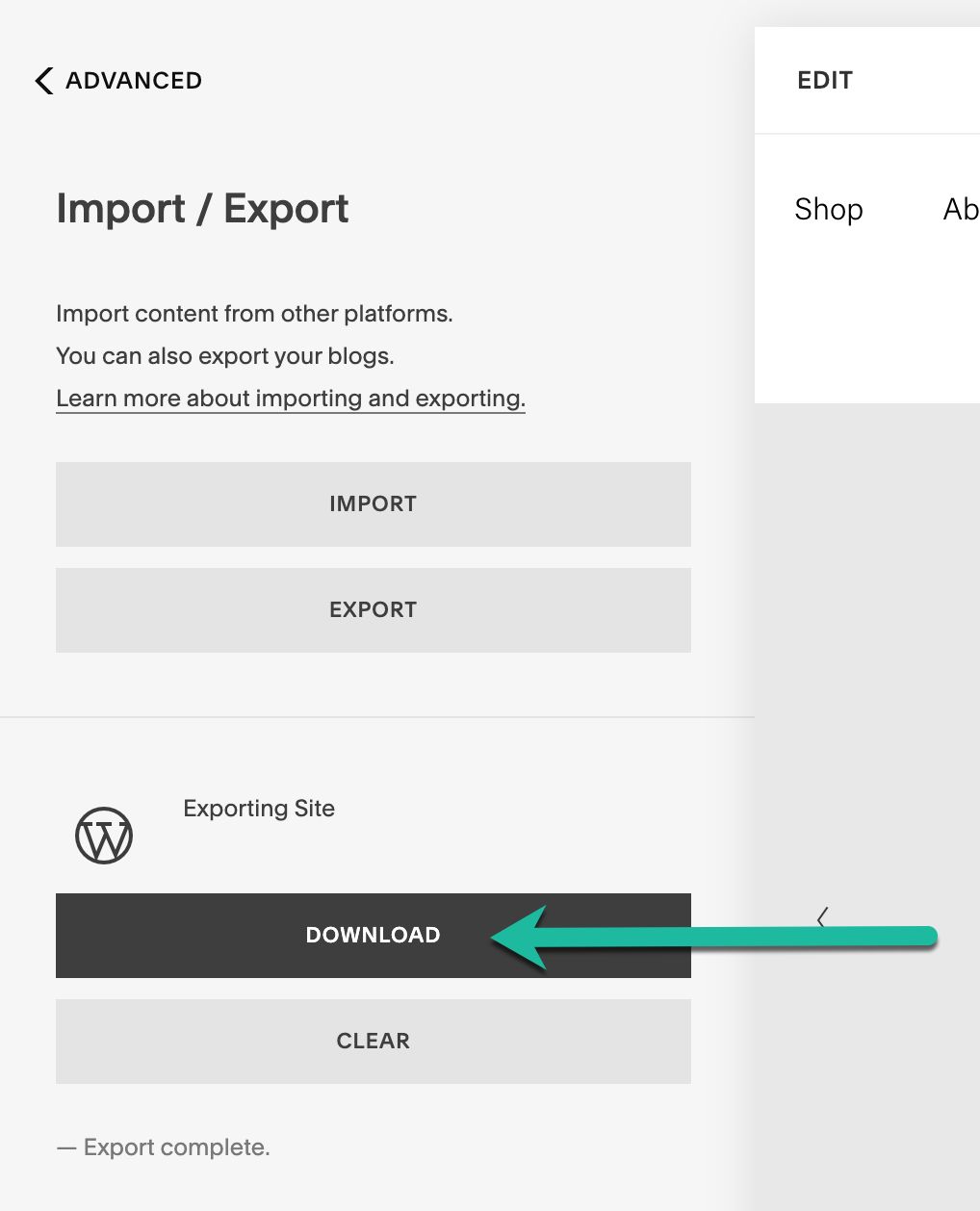Once the export is complete, a Download button and a Clear button appear in place of the progress bar.