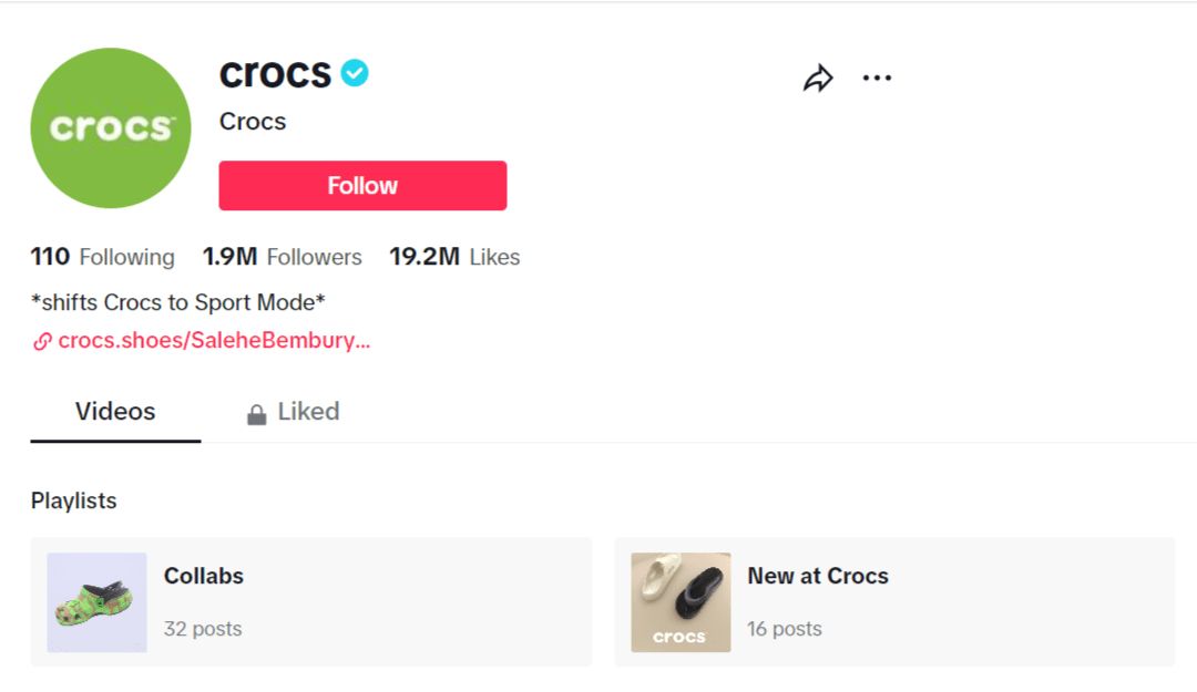 TikTok page of Crocs, an American footwear brand.