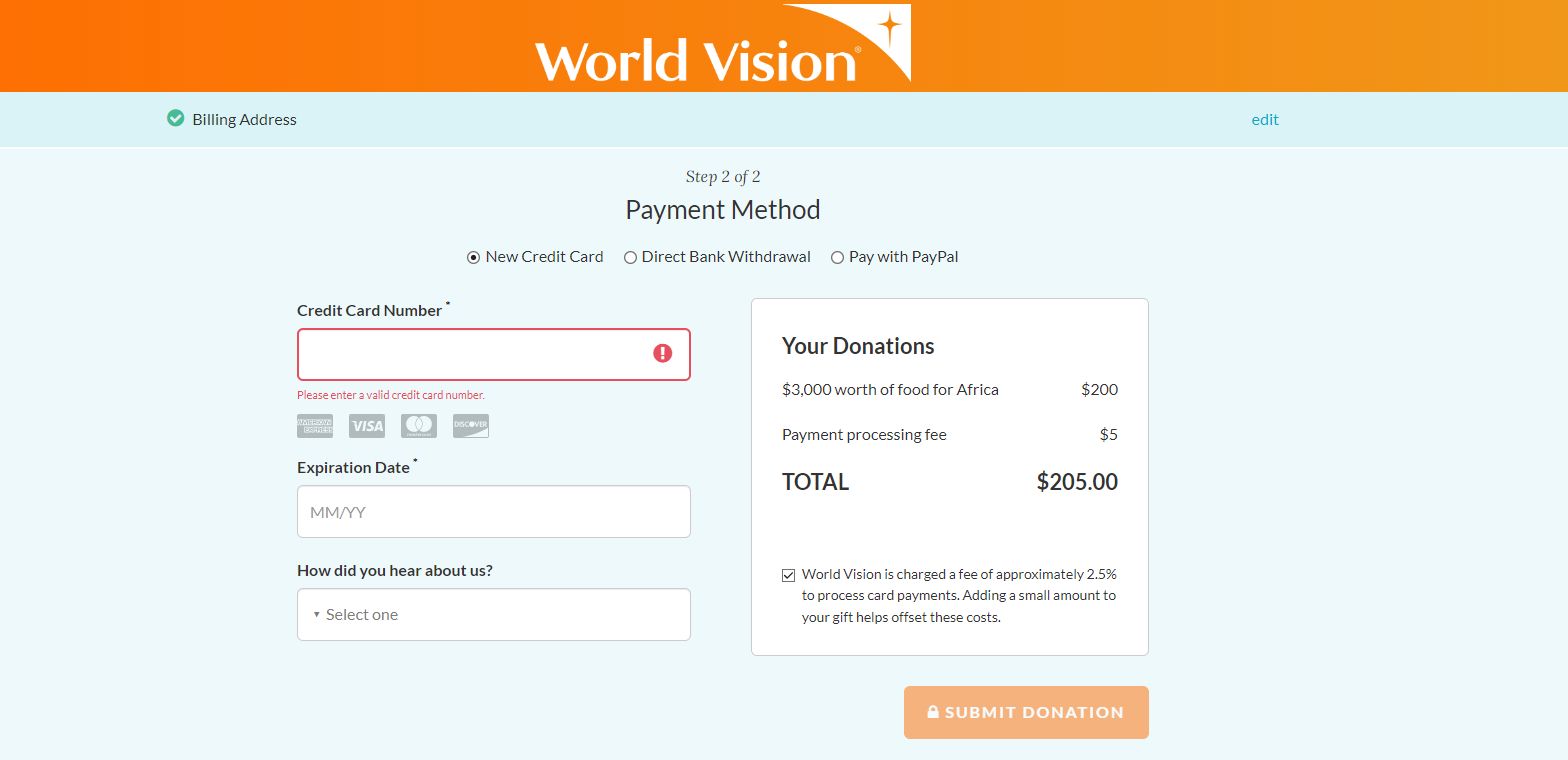 Payment page of World Vision. 