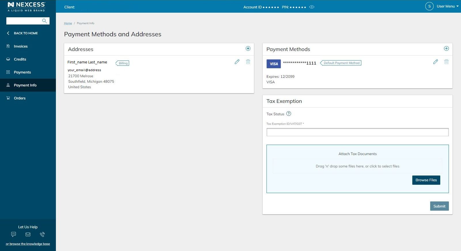 You’ll see a Payment Info section in the sidebar on the left. Click there, and you can modify the payment methods and tax exemptions for your Nexcess hosting account.