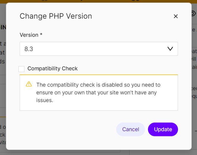 Supercharge your codebase with PHP 8.3 features — Change PHP Version dialog box