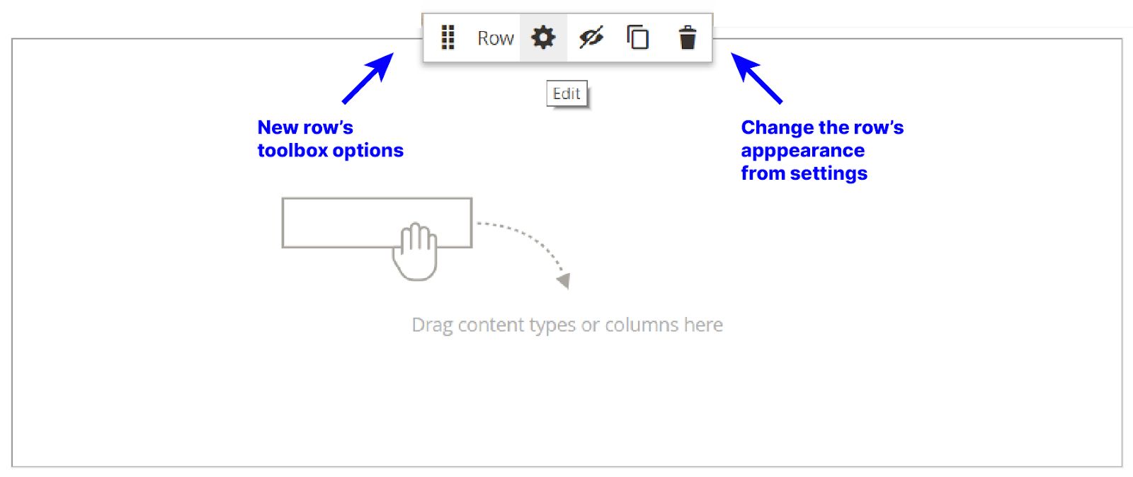 Change a row's appearance from its toolbox options through its settings area
