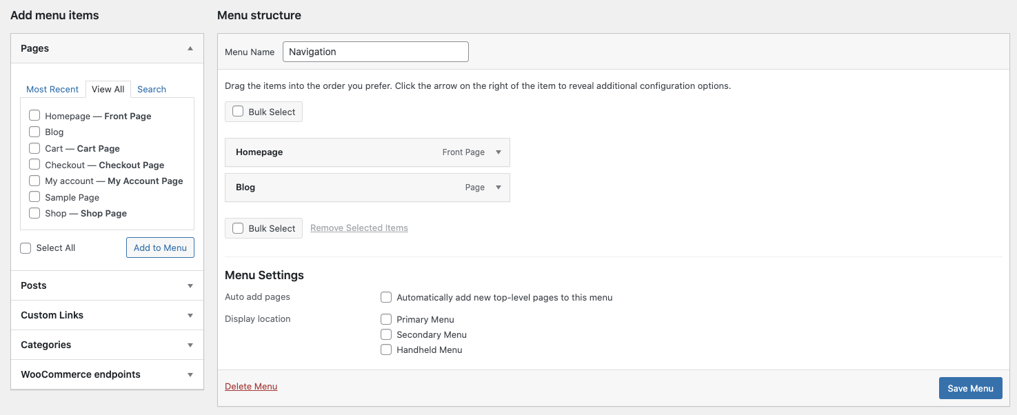 The menu structure and settings screen.