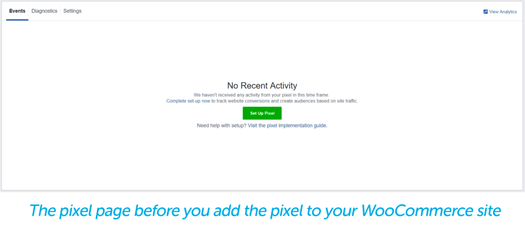 The tracking pixel page before adding it to WooCommerce