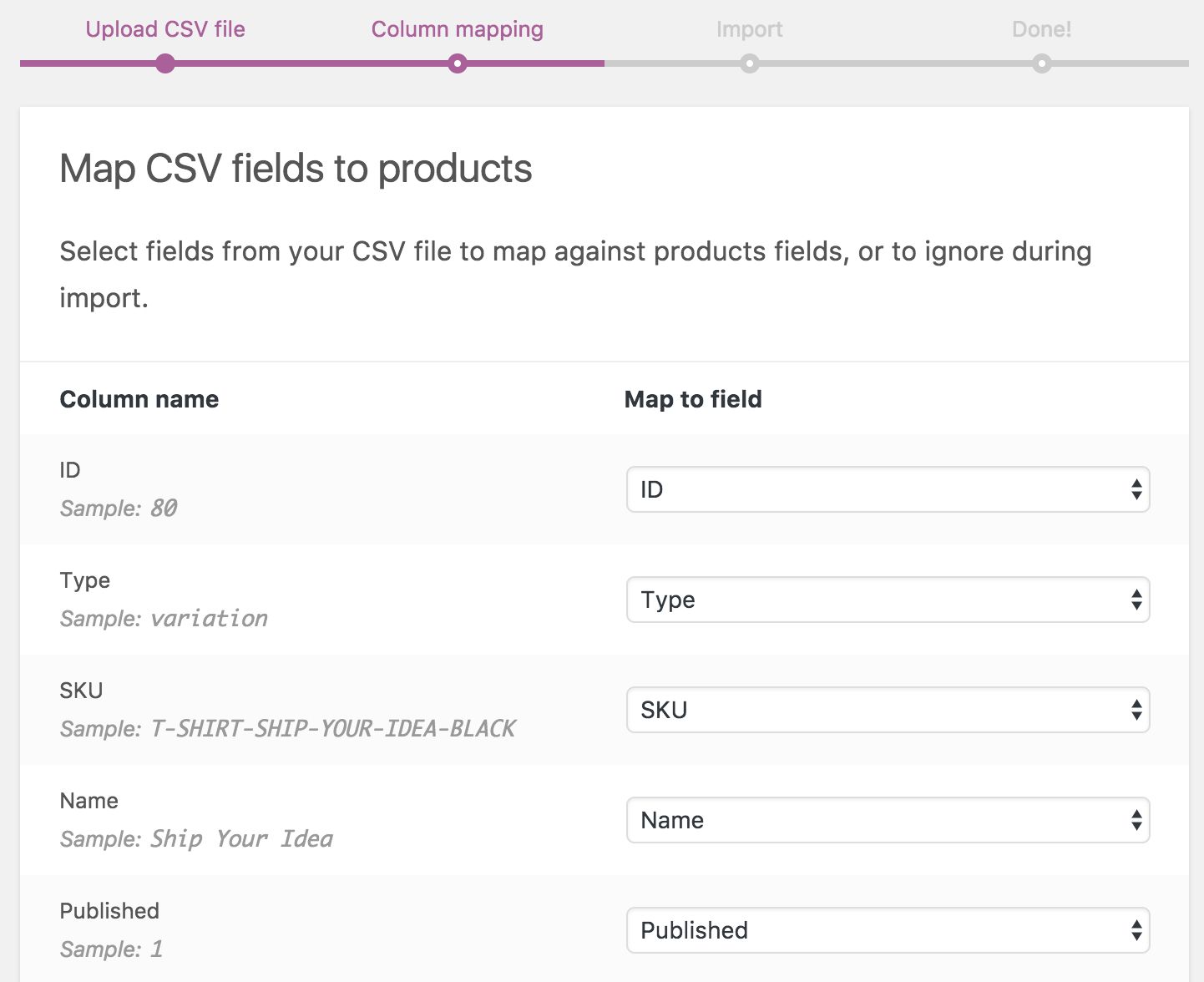 Correctly map the fields from your CSV to your products while setting up your ecommerce website