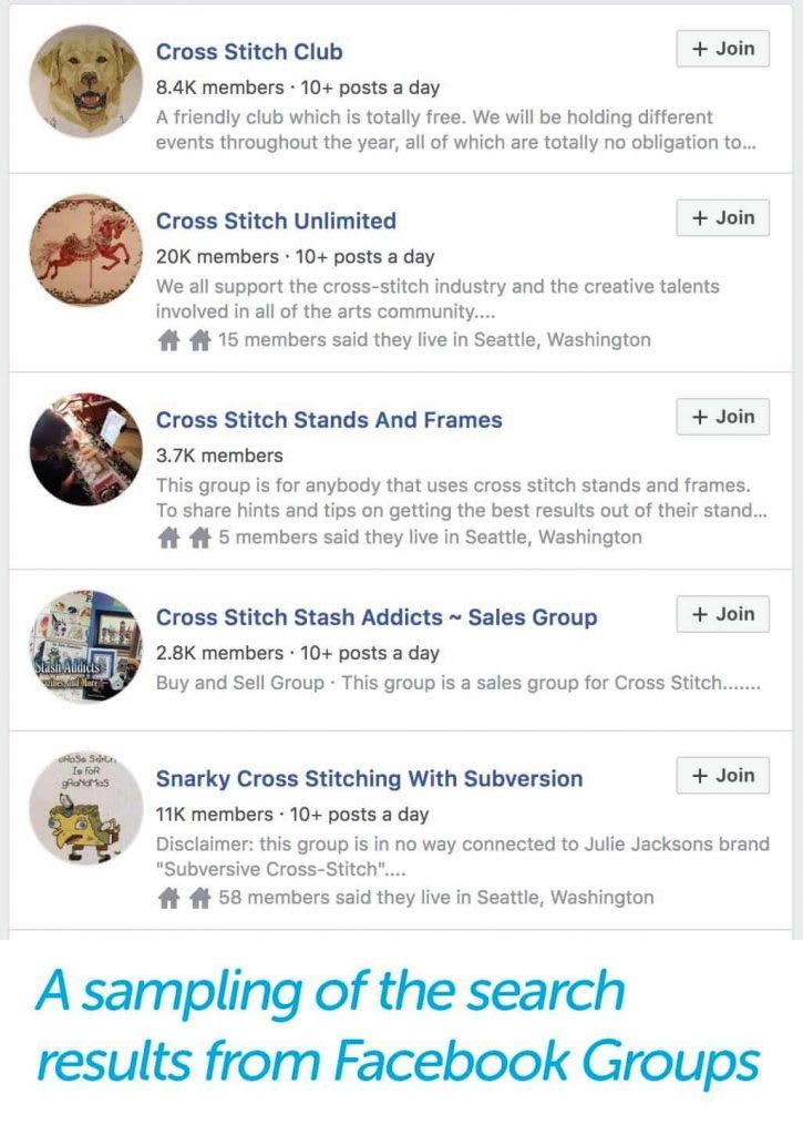 A screengrab depicting a sample of search results from Facebook Groups.