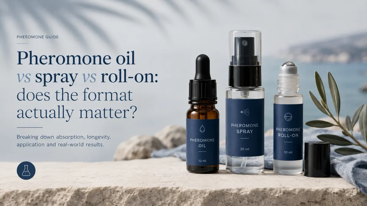 Pheromone oil, spray and roll-on formats side by side.
