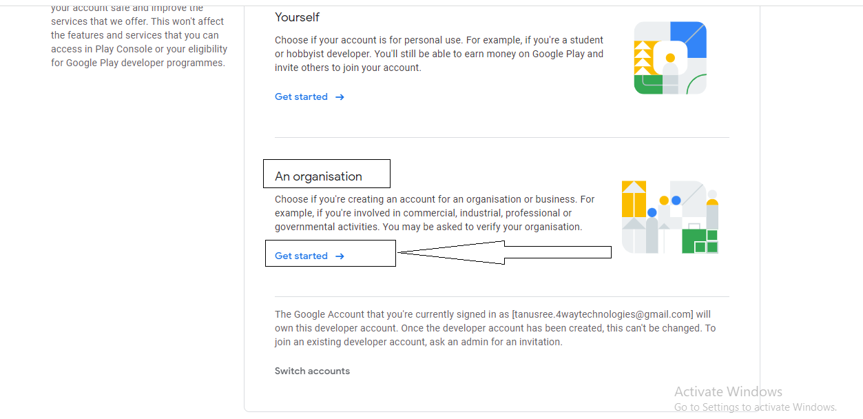 Click on the ‘Get started’ option under the heading ‘An organisation’