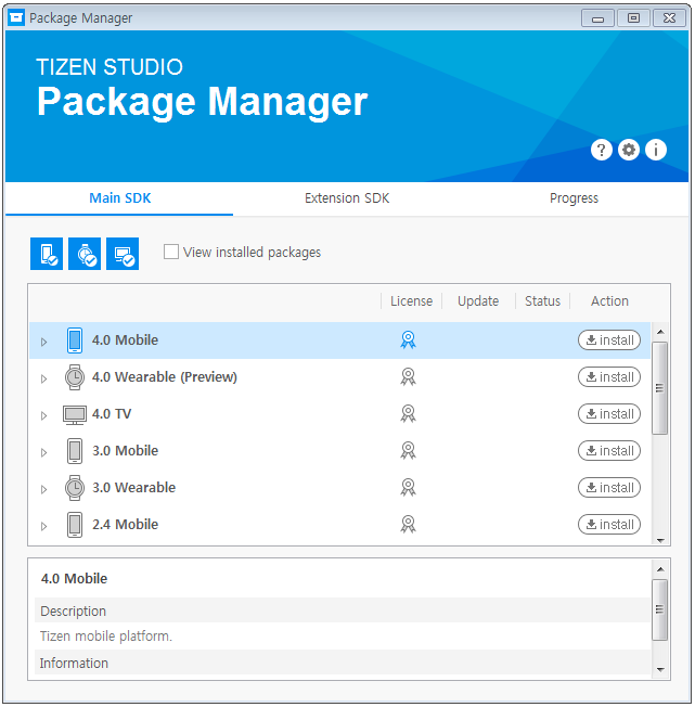 Tizen studio package manager