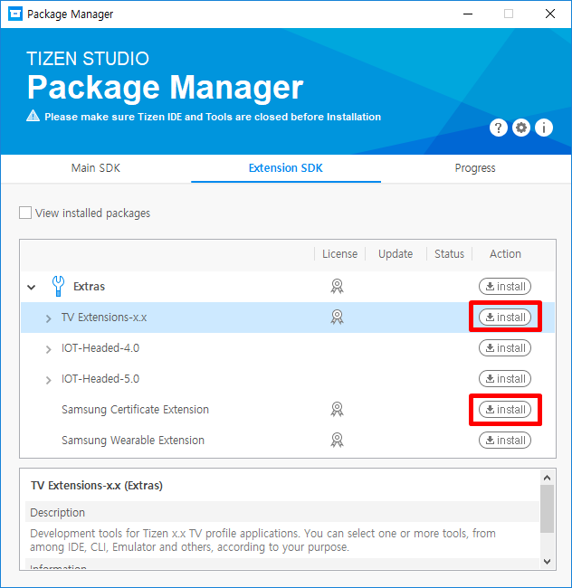 Tizen studio package manager image