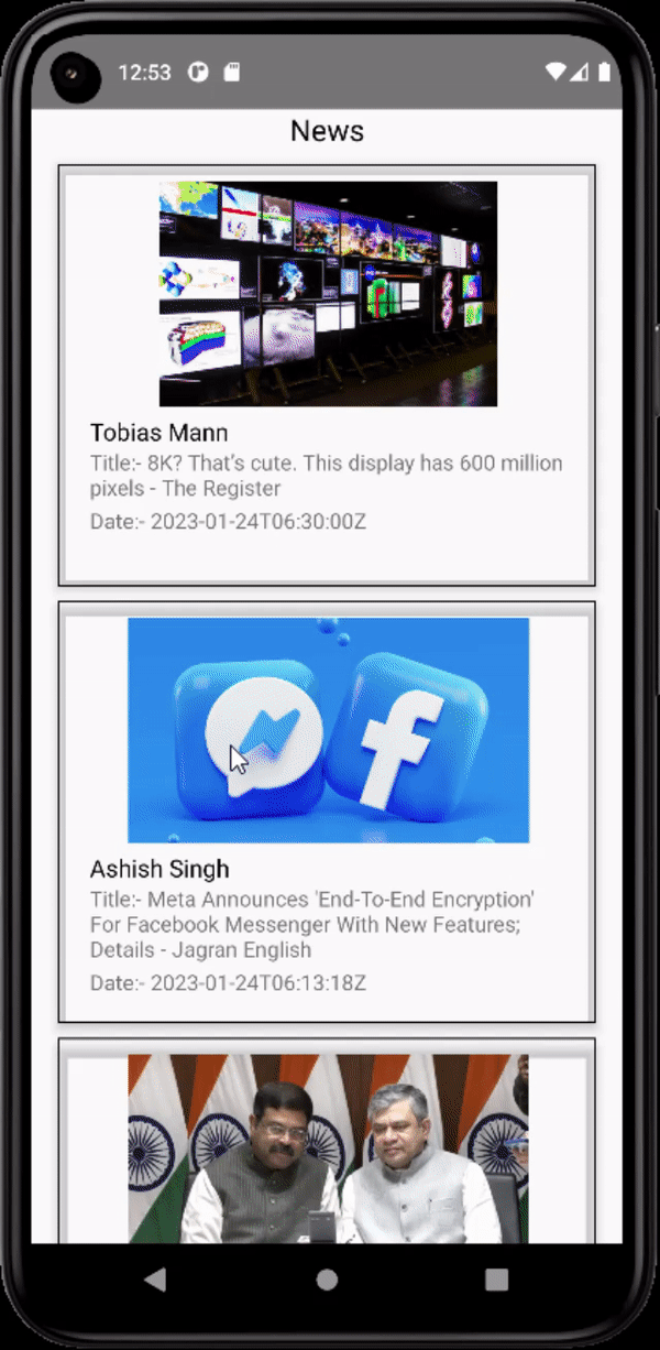 the output for the news app on the emulator