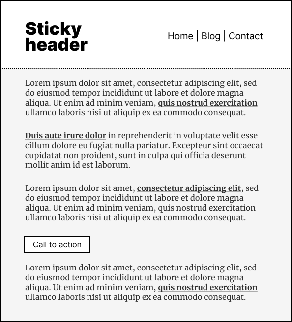 Image of a website with a sticky header navigation, with lorem ipsum content which has embedded links and buttons
