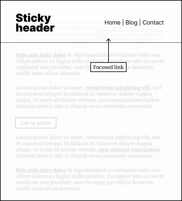 Wireframe on webpage where the user has tabbed to focus on a link, however the link is obscurred by the sticky header.