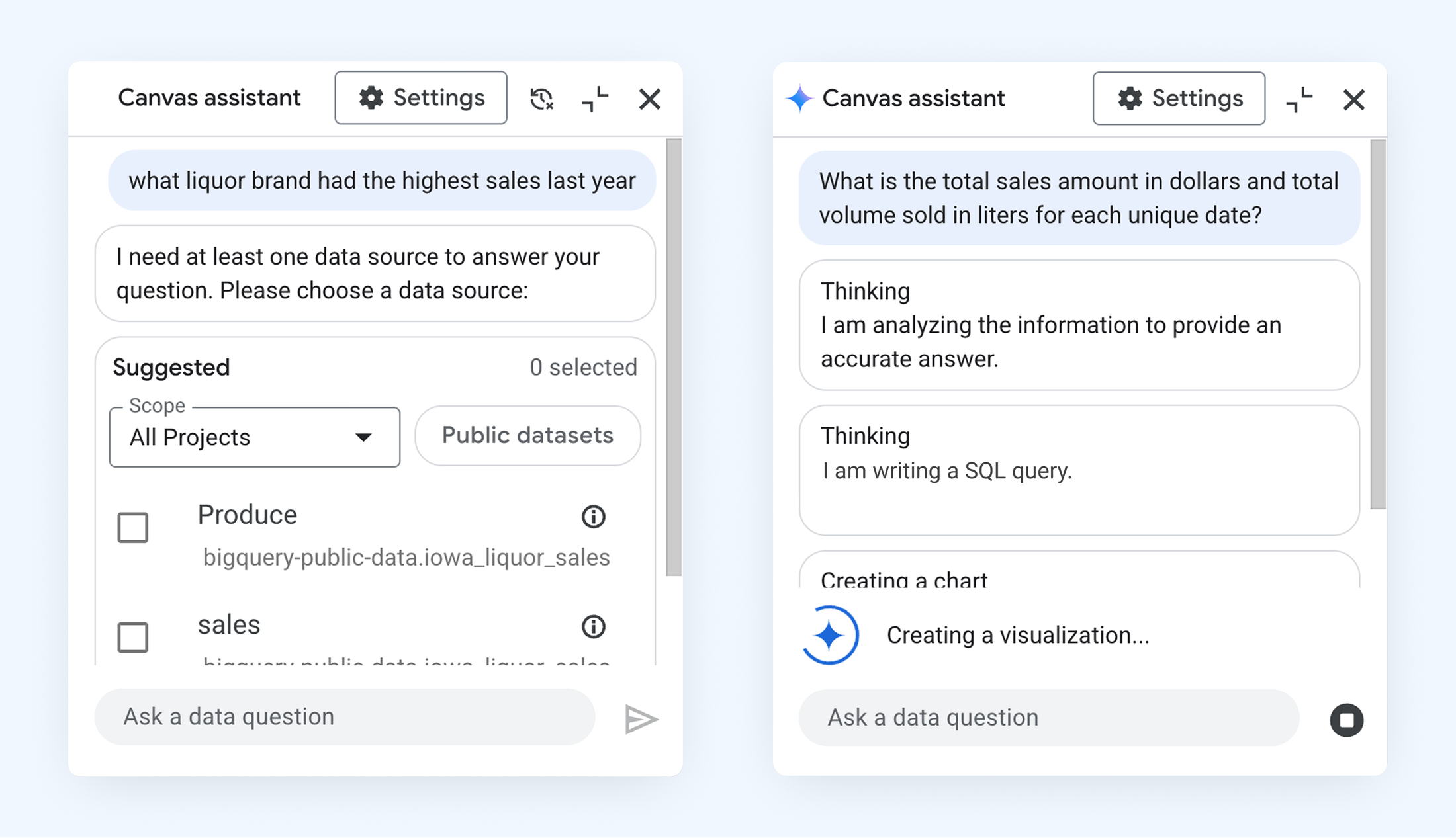 Agent status messages during data analysis and visualization creation