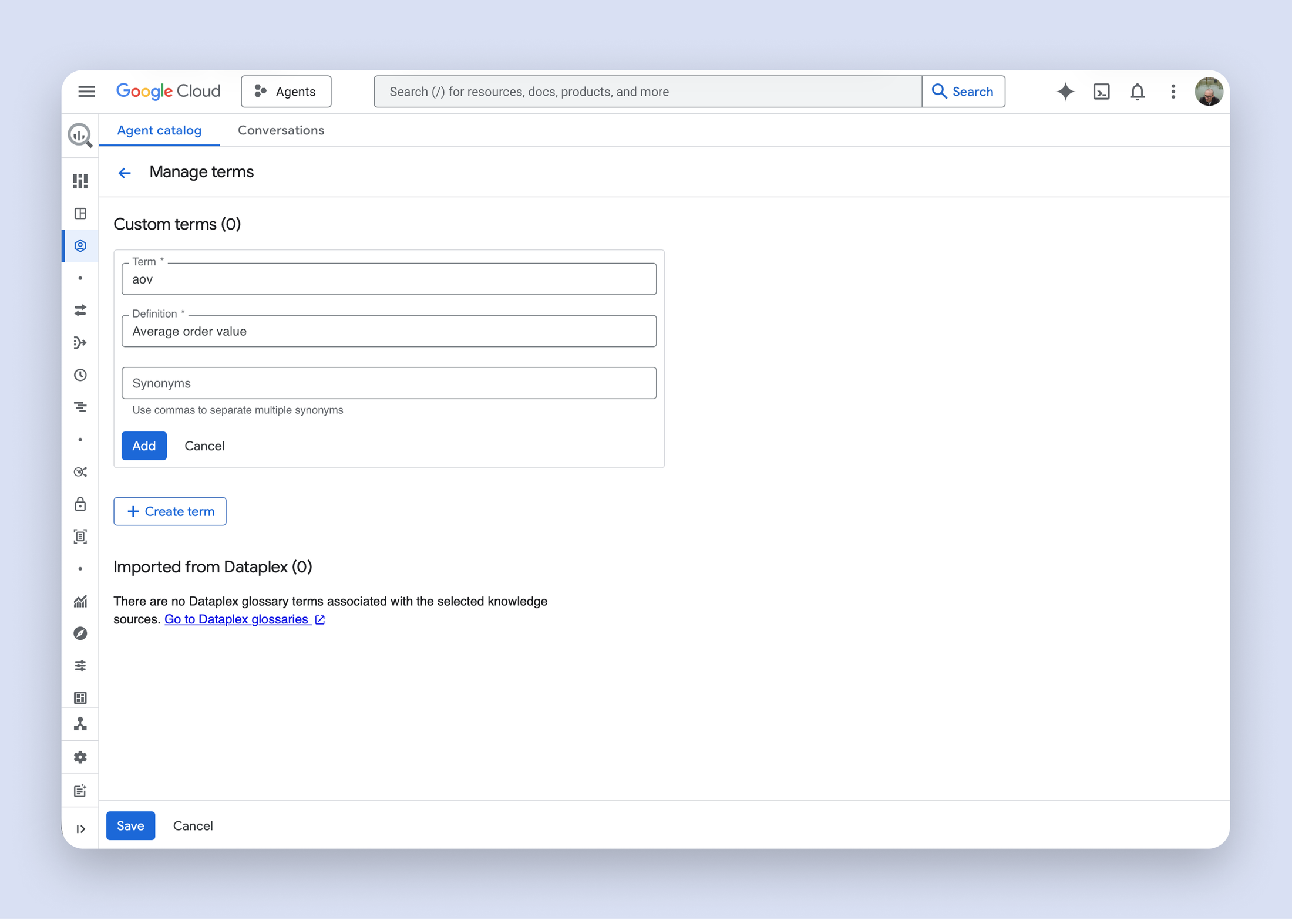 Glossary term editor for a Google Cloud data agent