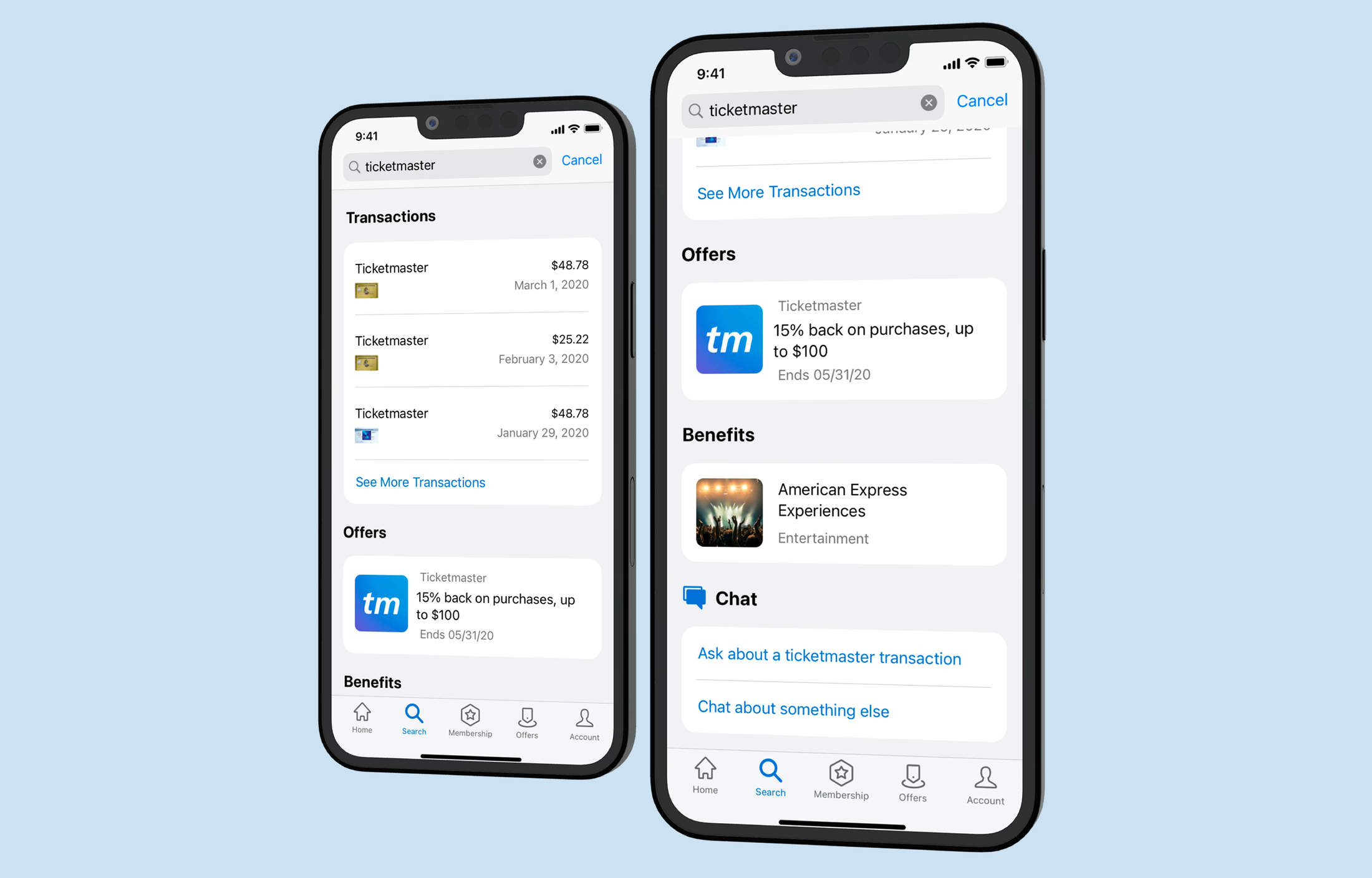 Unified American Express mobile search results screen