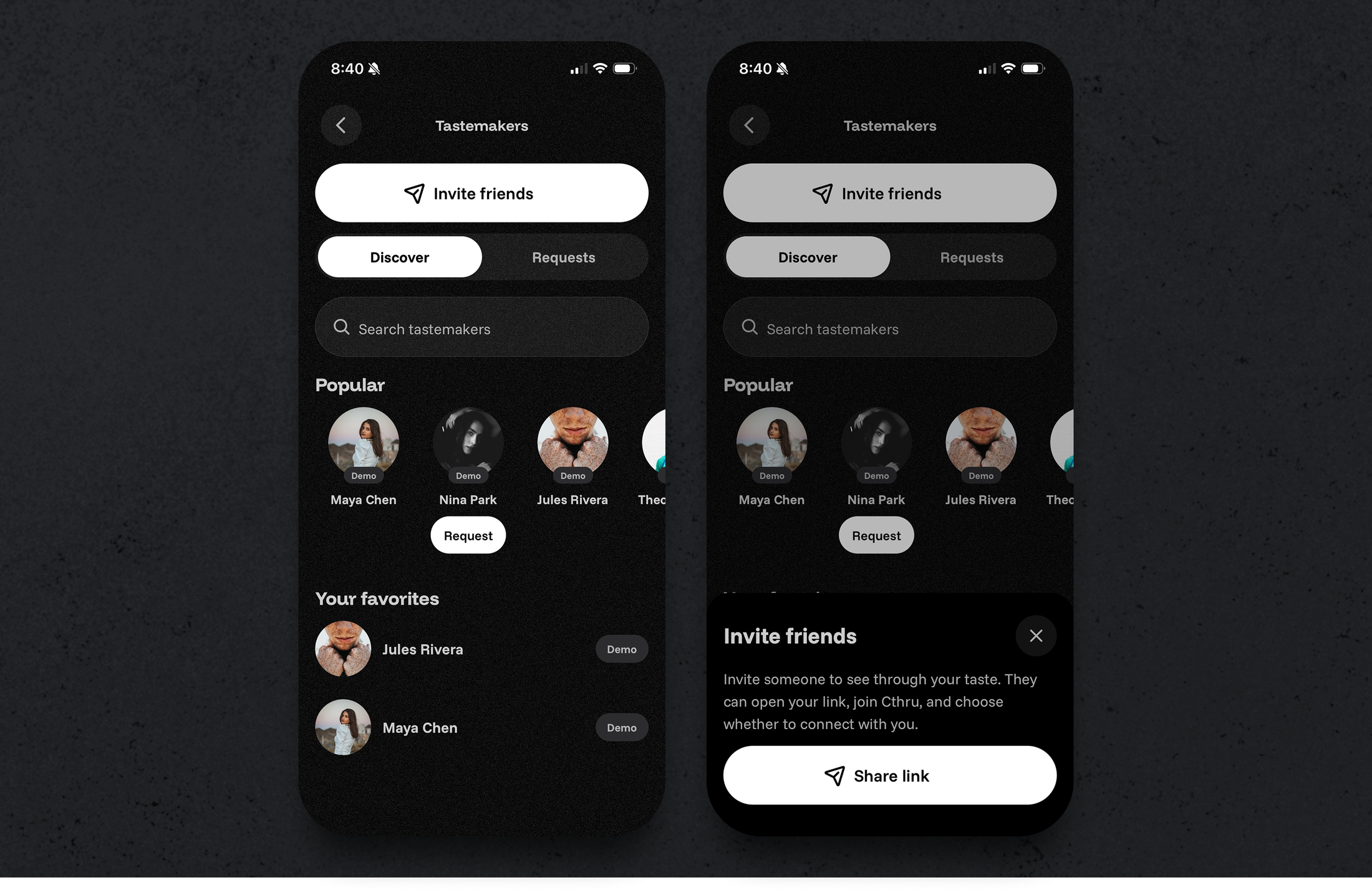 Tastemakers mobile screen for the Cthru music player project