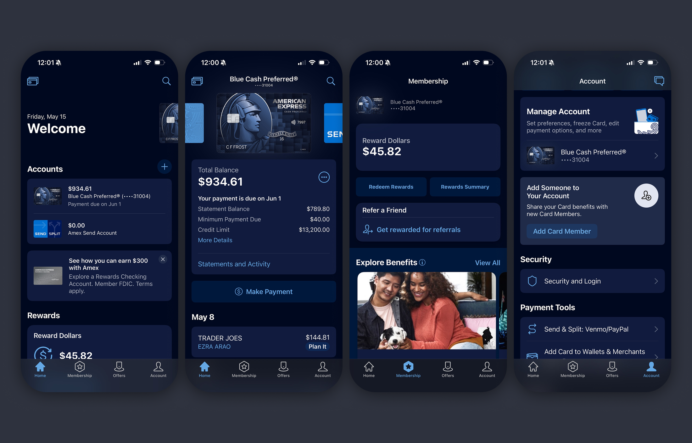 Production American Express dark mode mobile screen