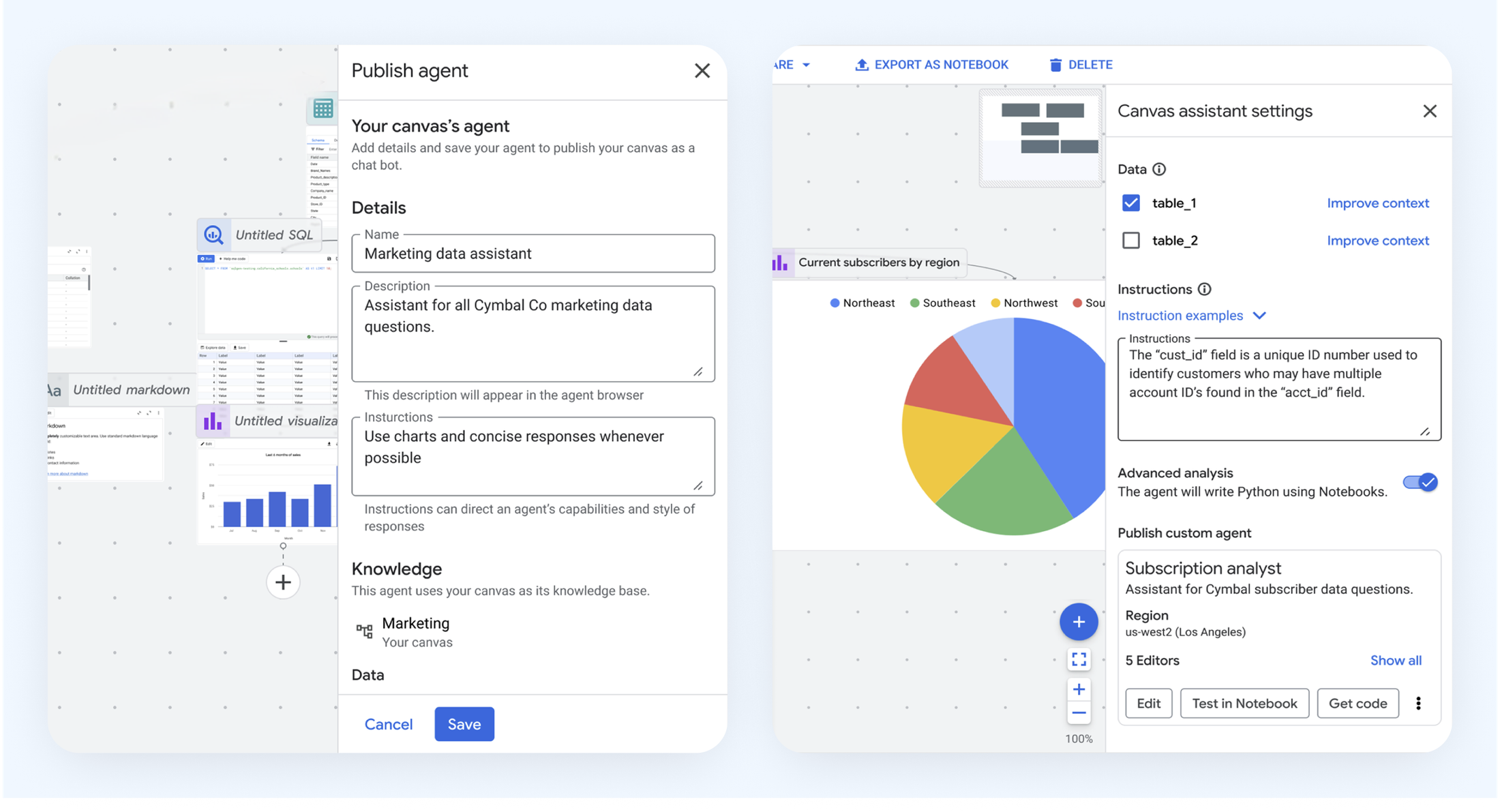 Context engineering and agent publishing workflow for Data Canvas