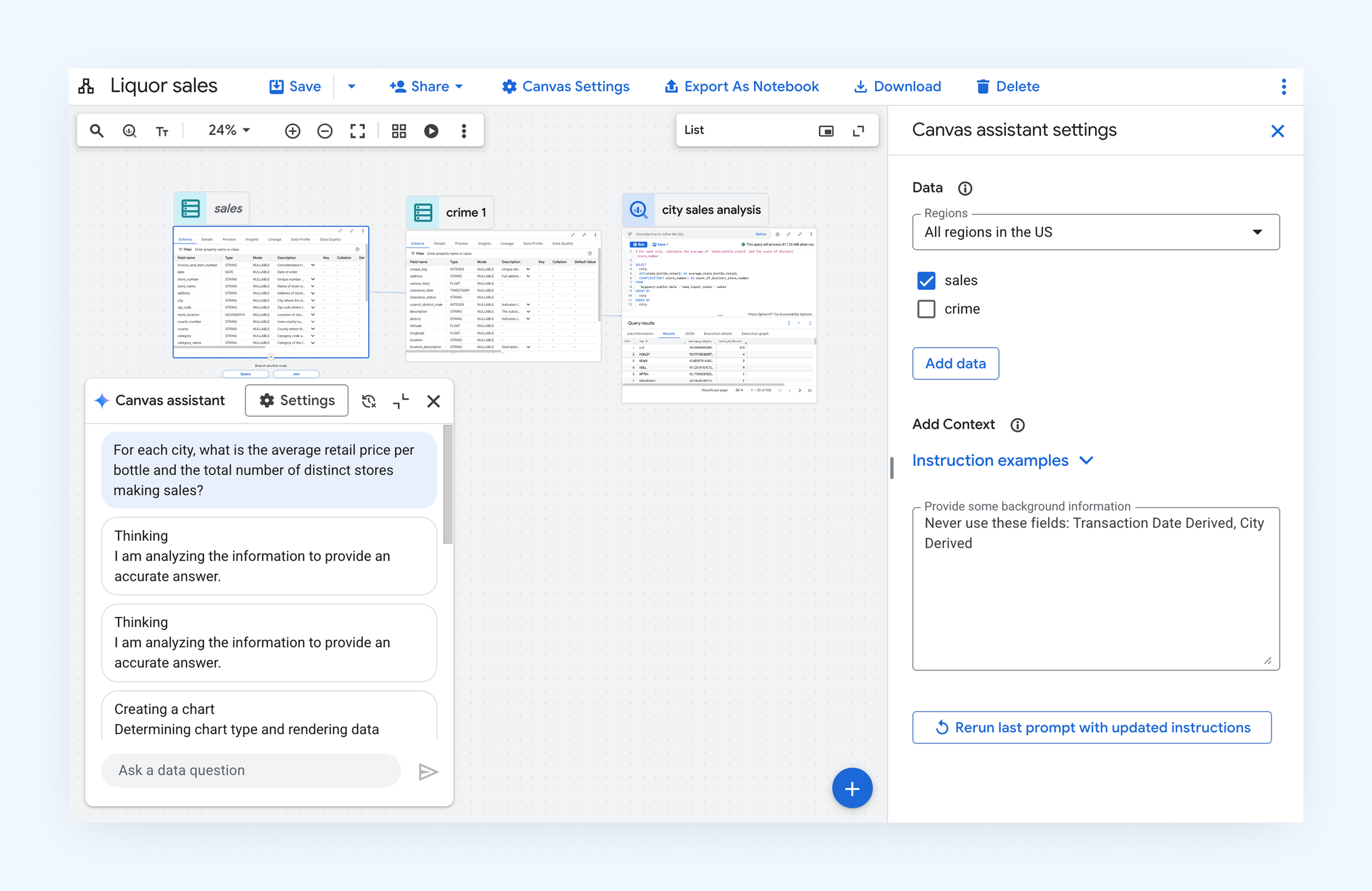 Agent settings panel for the Google Data Canvas assistant