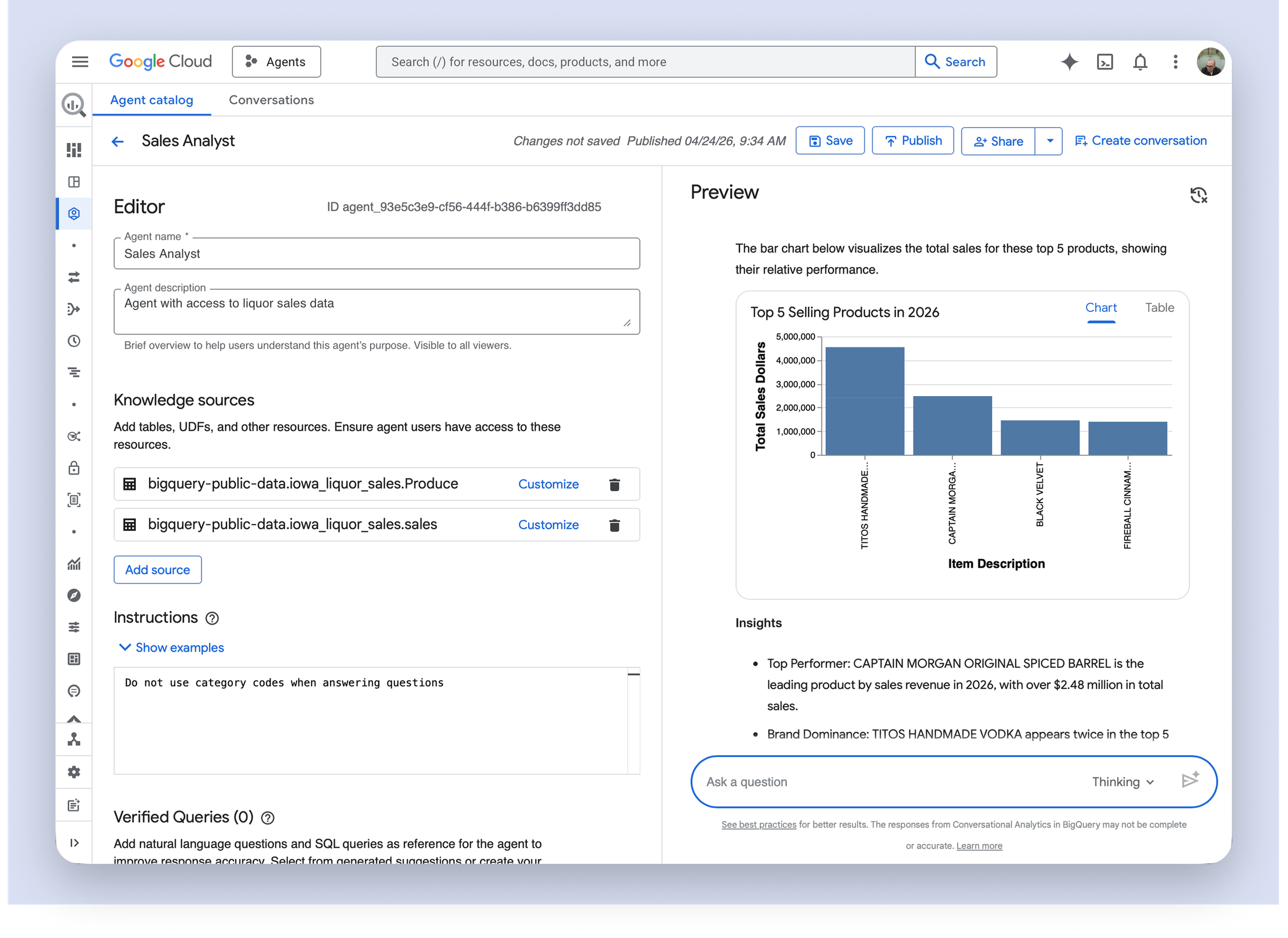 Agent testing interface with query response preview