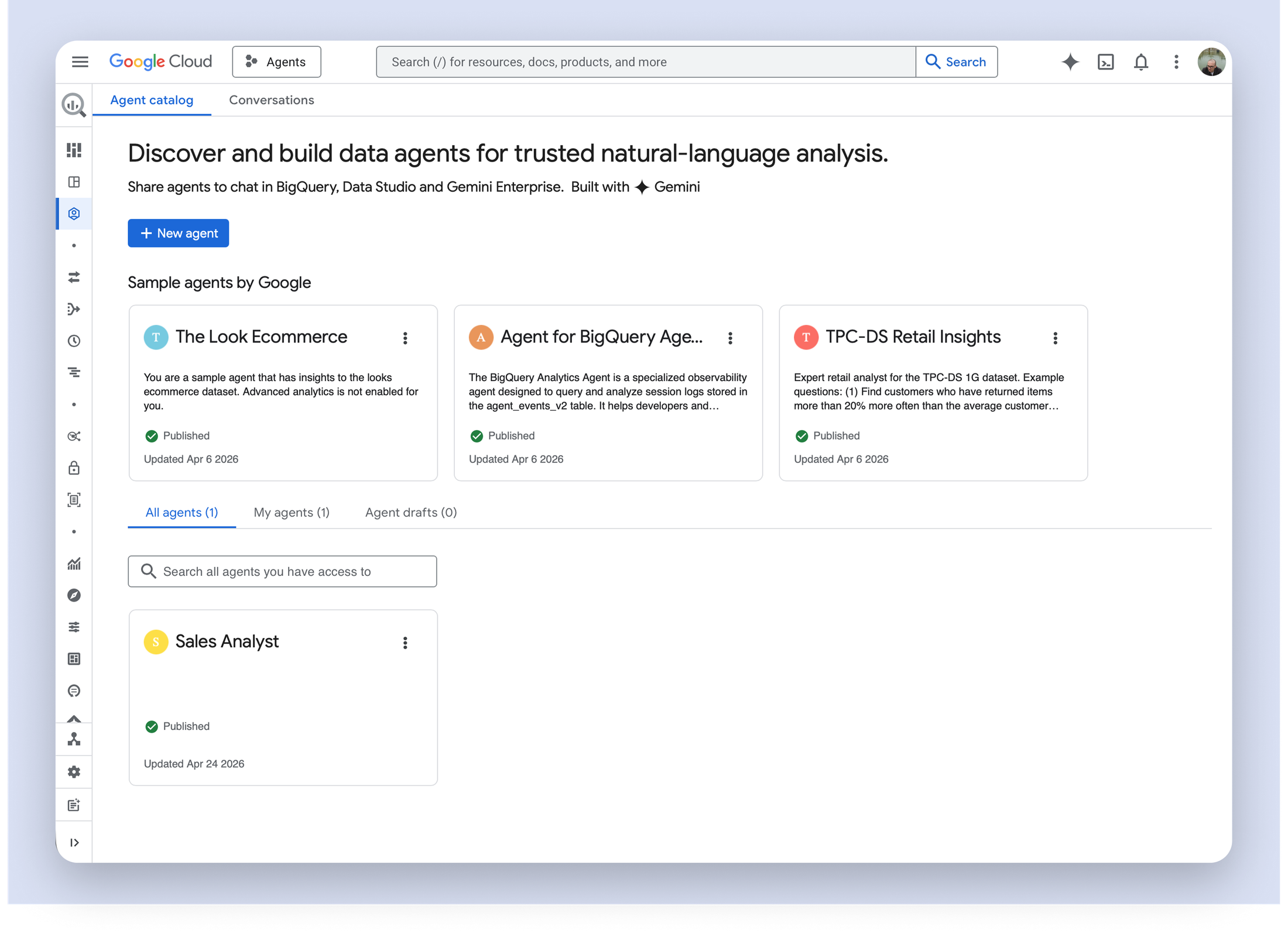 Agent Hub listing for published data agents