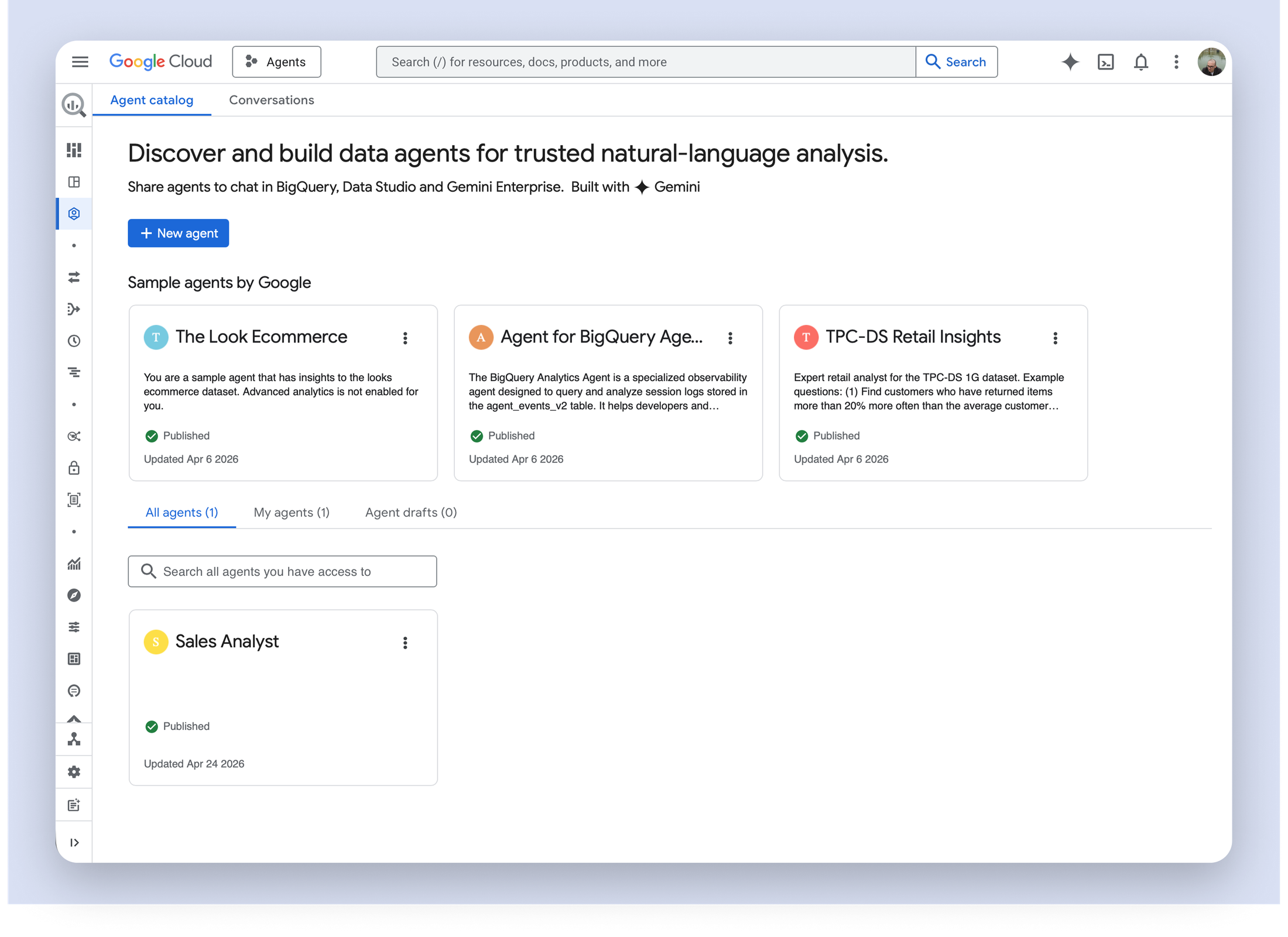 Agent Hub listing for published data agents