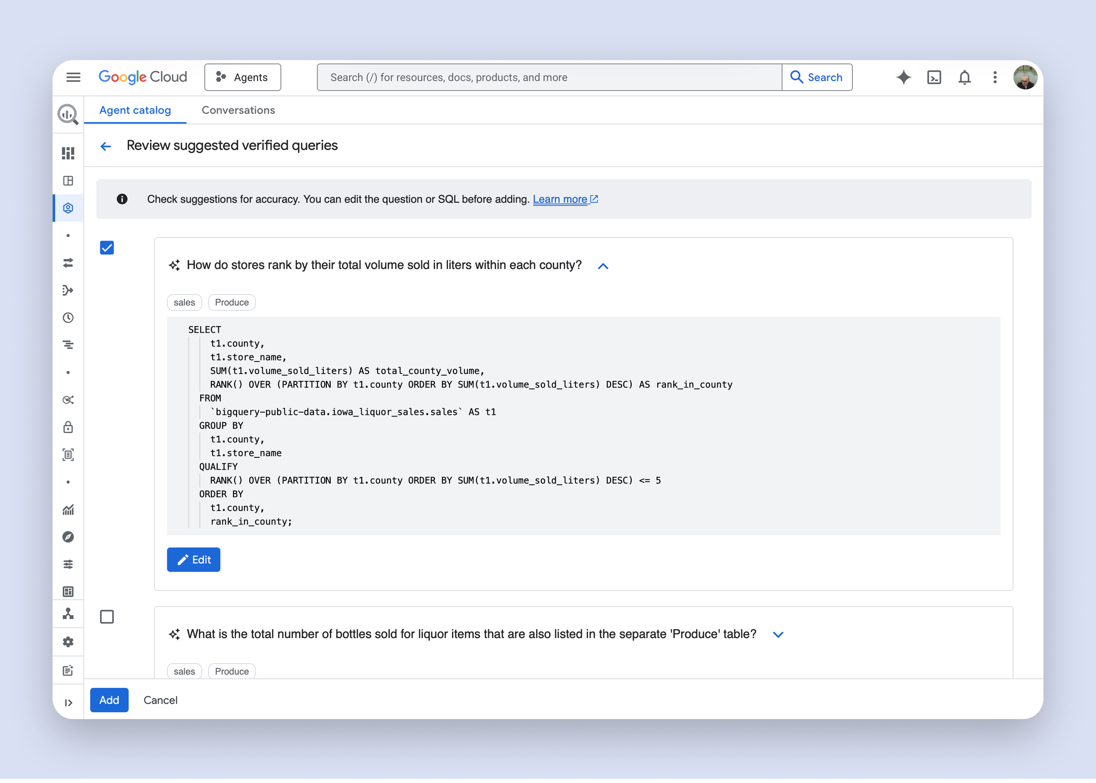Suggested SQL queries generated from selected data sources