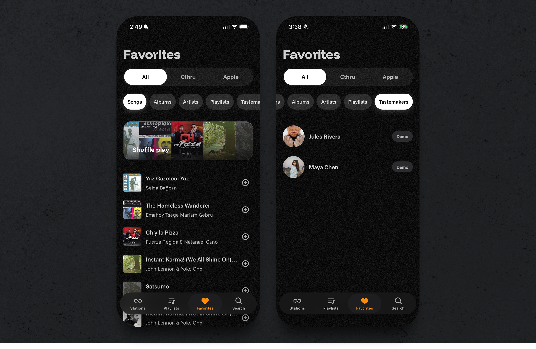Favorites mobile screen for the Cthru music player project