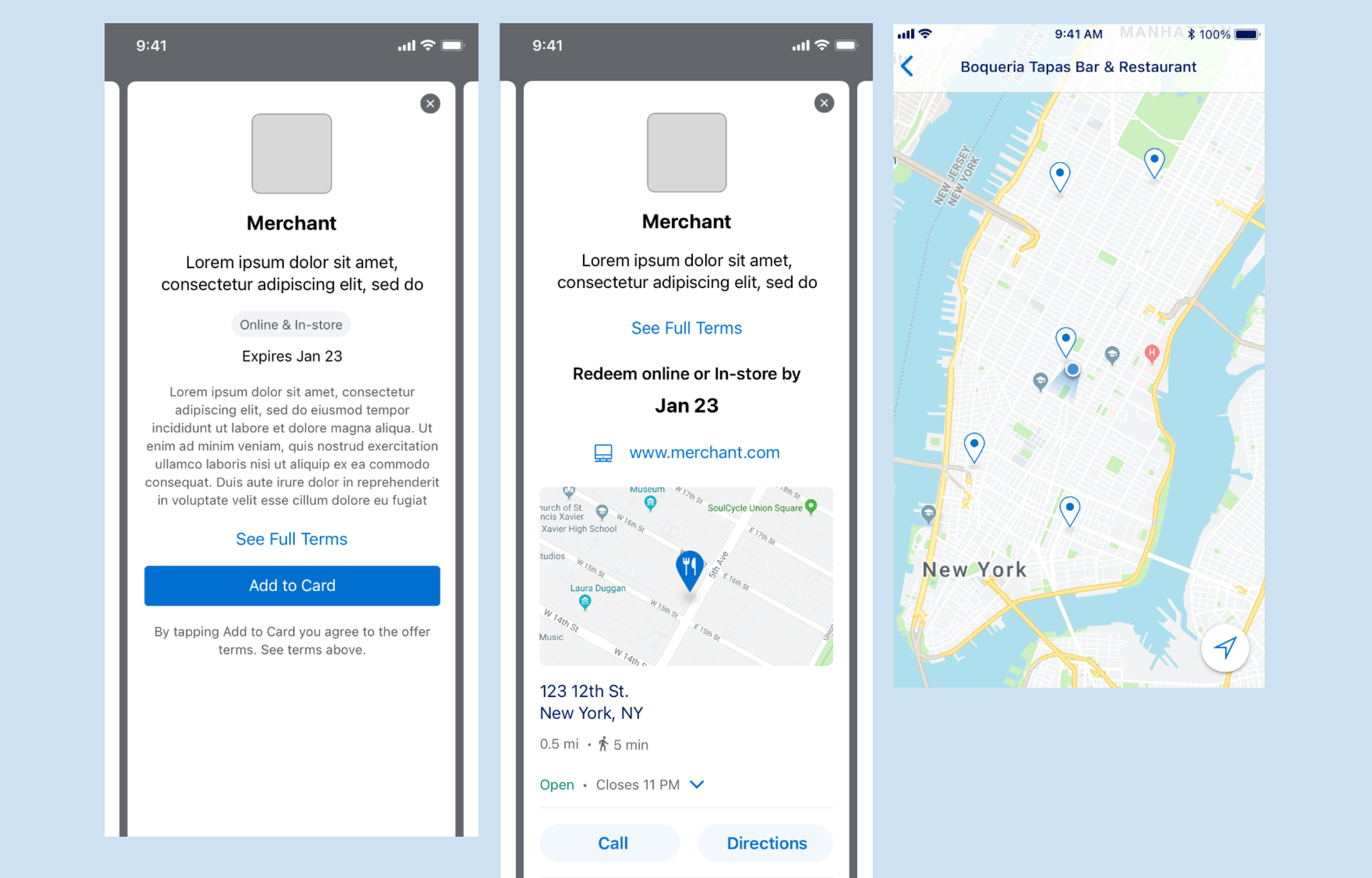 Map-based offer detail exploration for nearby American Express offers