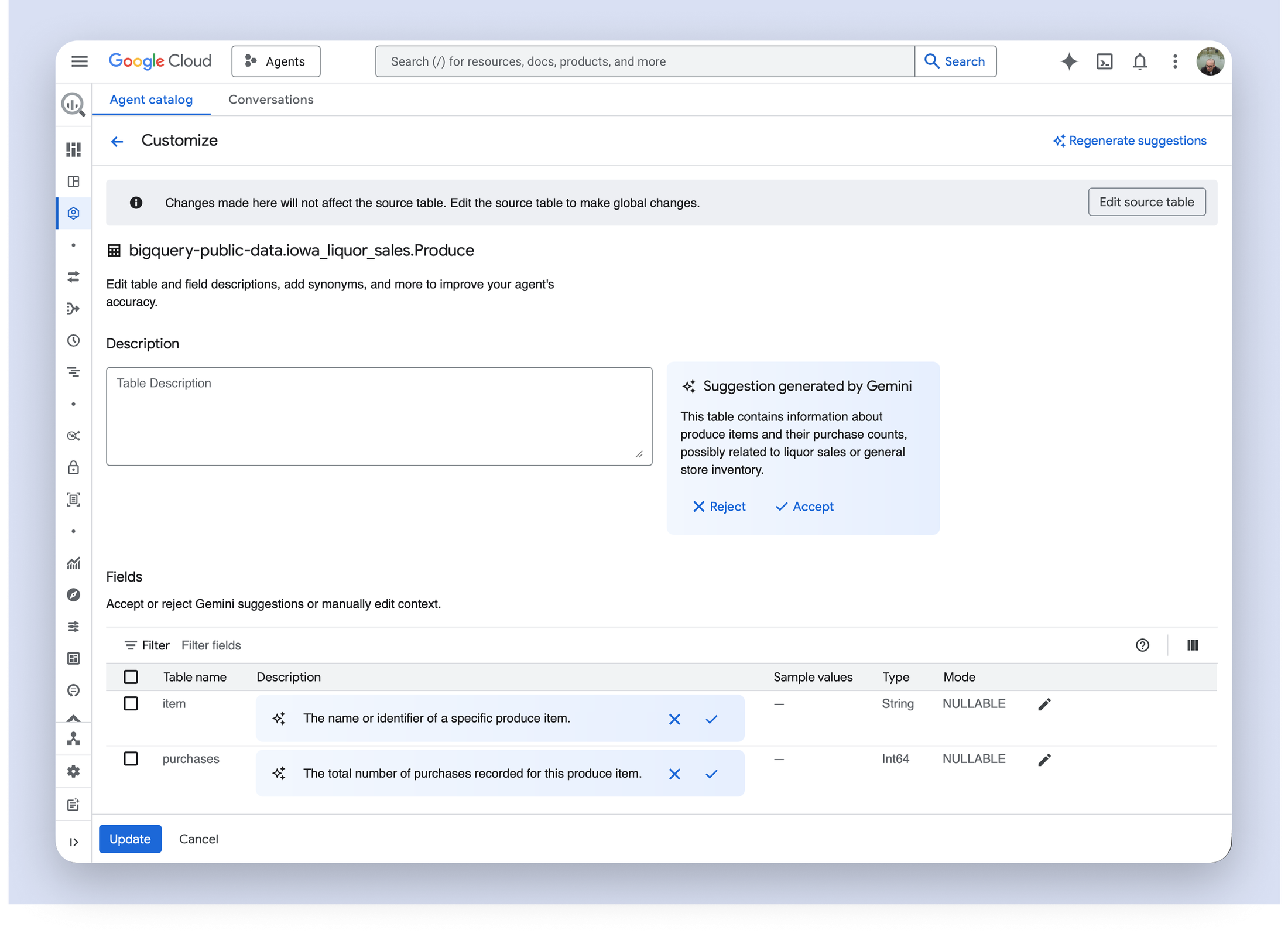 Metadata curation interface for improving data agent context
