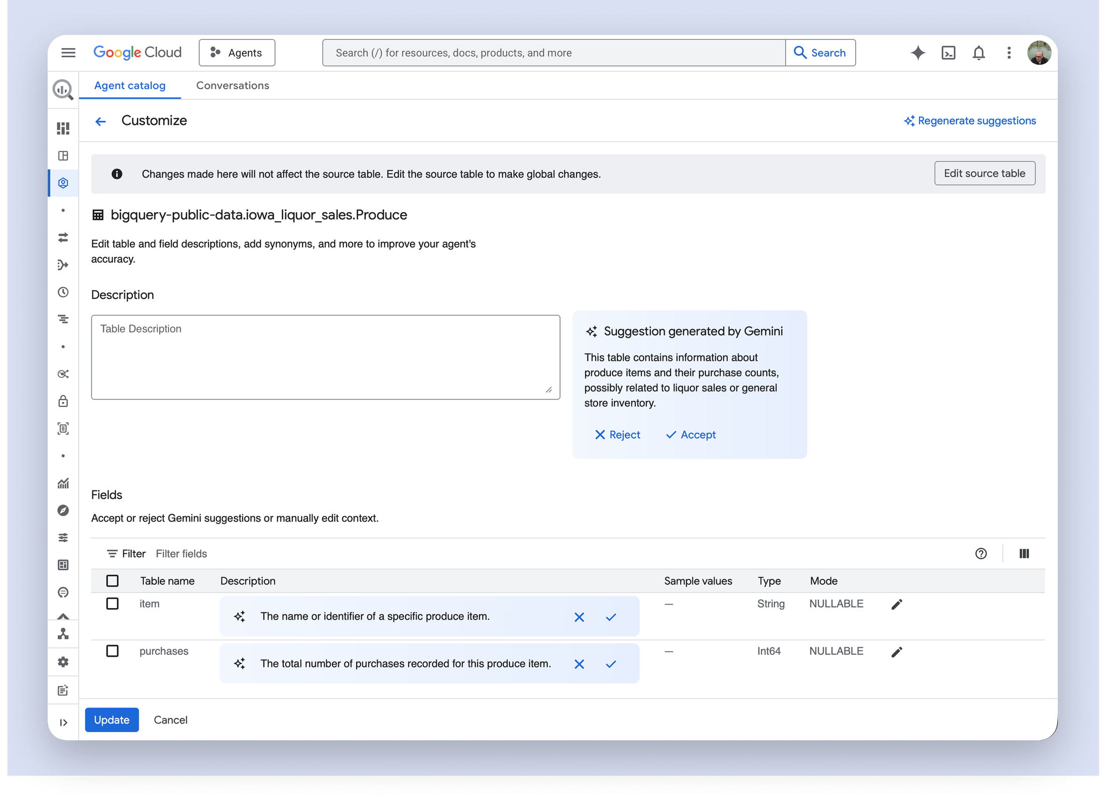 Metadata curation interface for improving data agent context