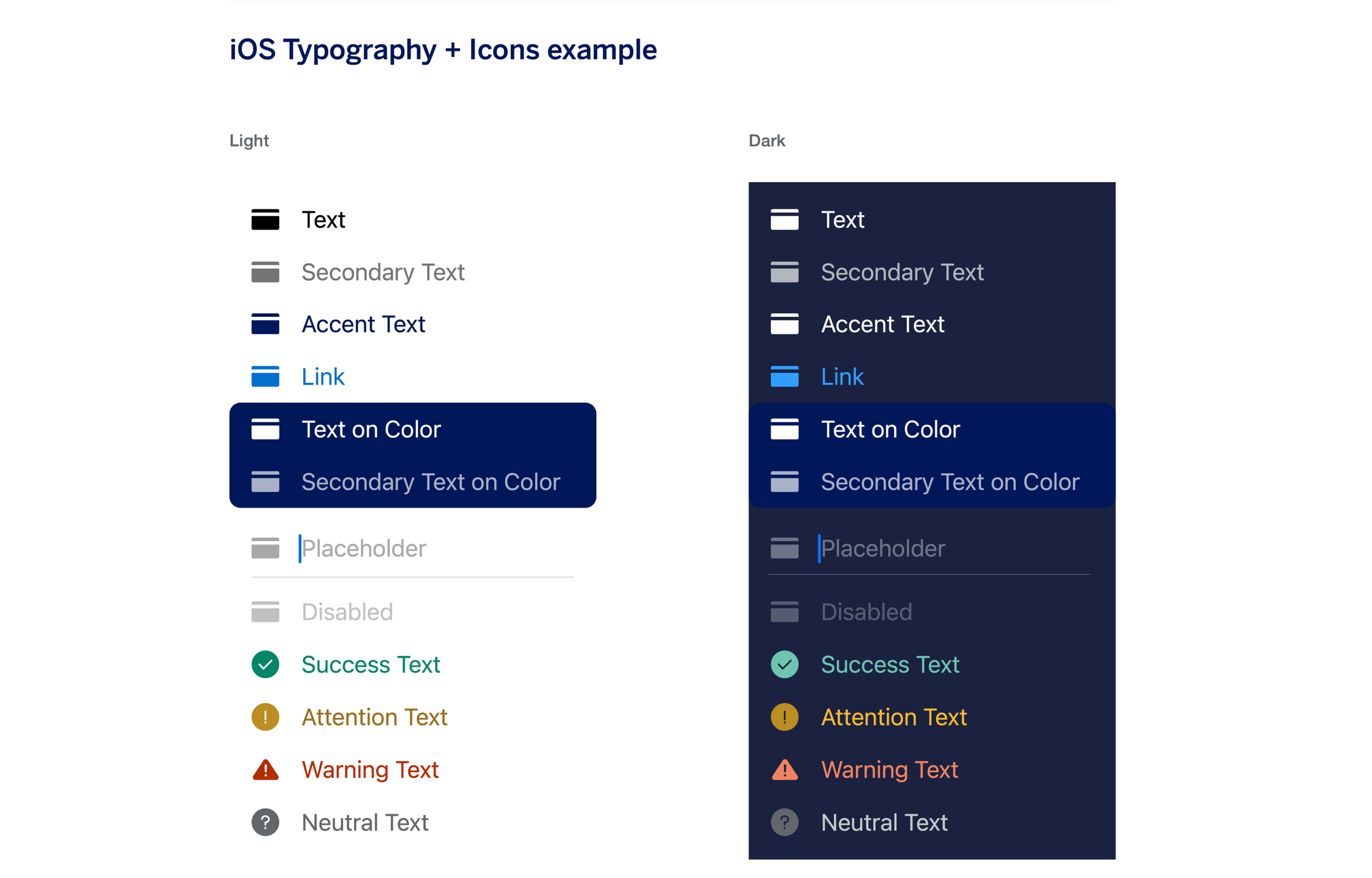 Typography and icon color documentation for American Express dark mode