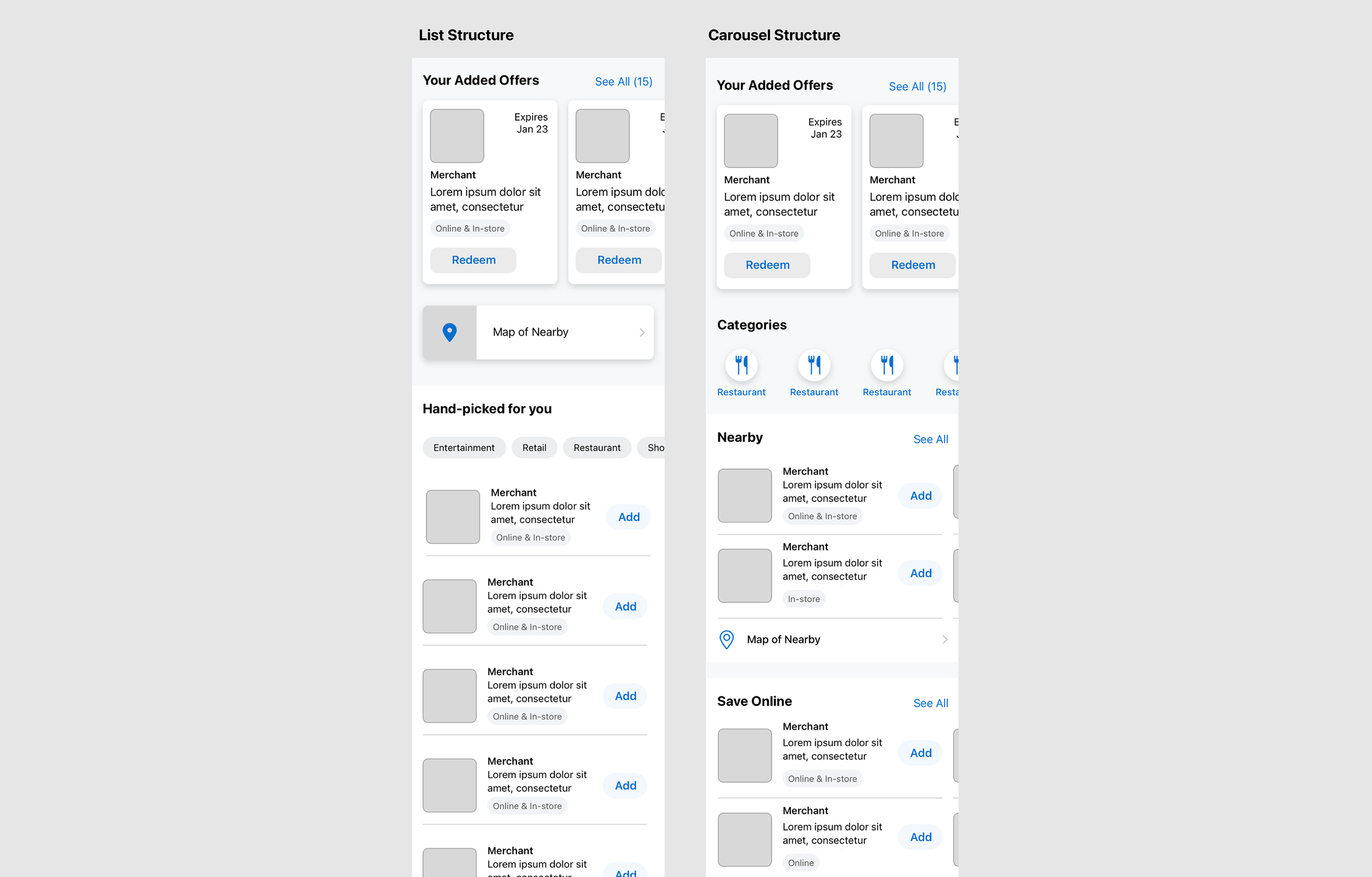 Exploration comparing list and carousel layouts for mobile offers