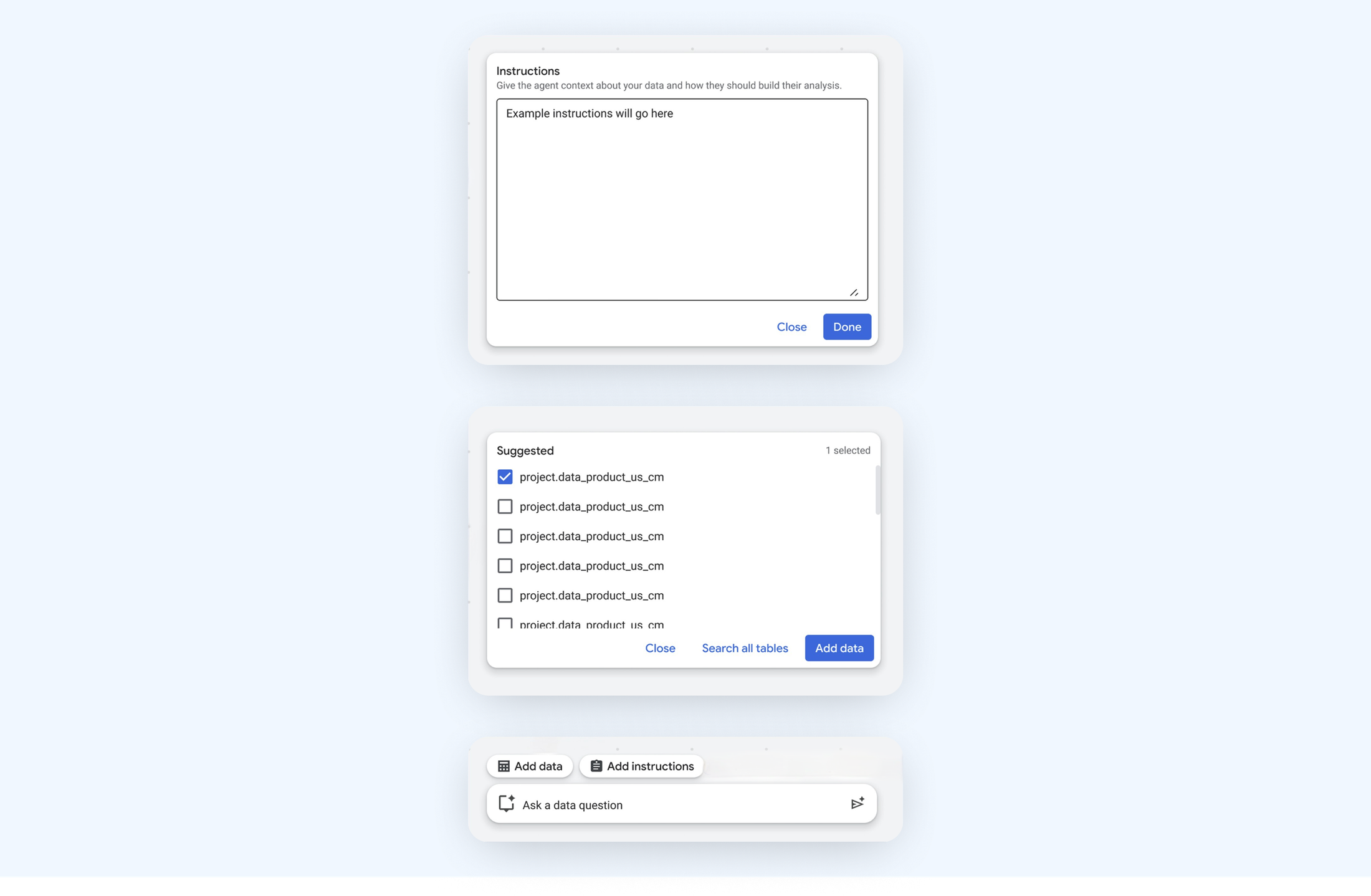Context engineering panel for the Google Data Canvas assistant