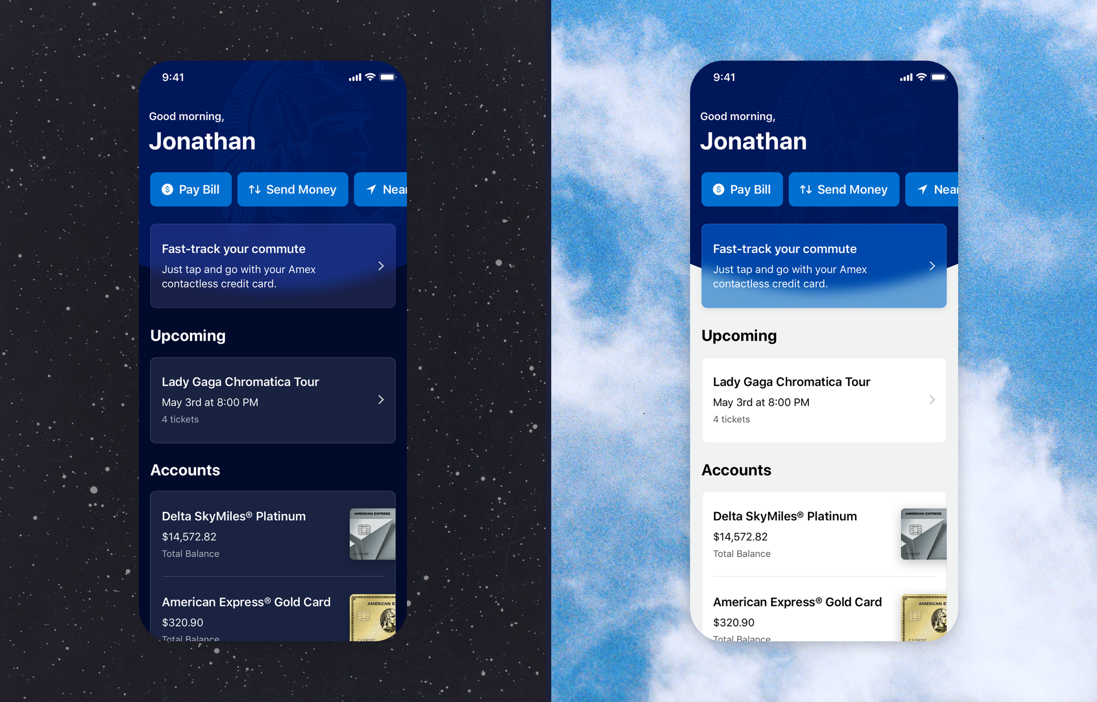 Dark mode American Express mobile app screens
