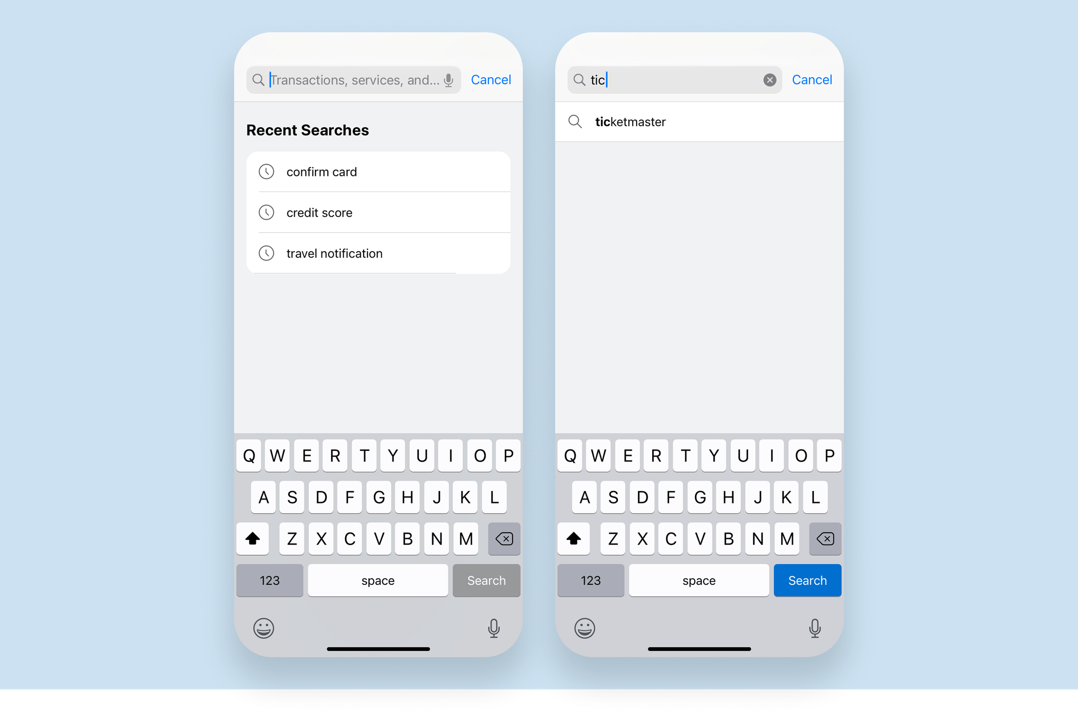 Recent searches and typeahead suggestions in American Express mobile search