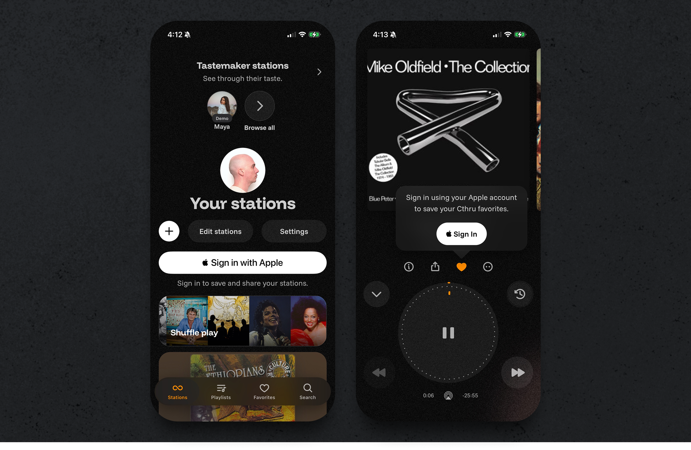 Signed Out mobile screen for the Cthru music player project
